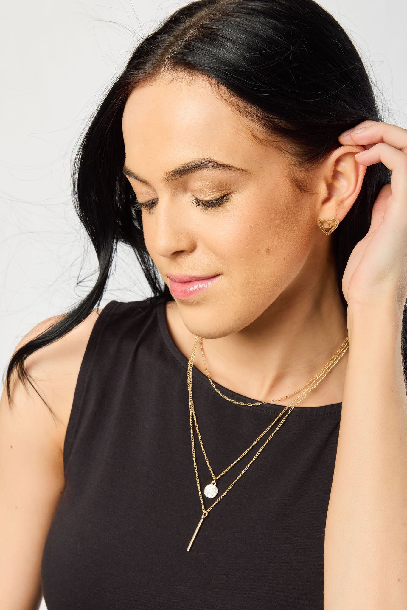 Triple Layer Necklace with Bar and Rhinestone Circle