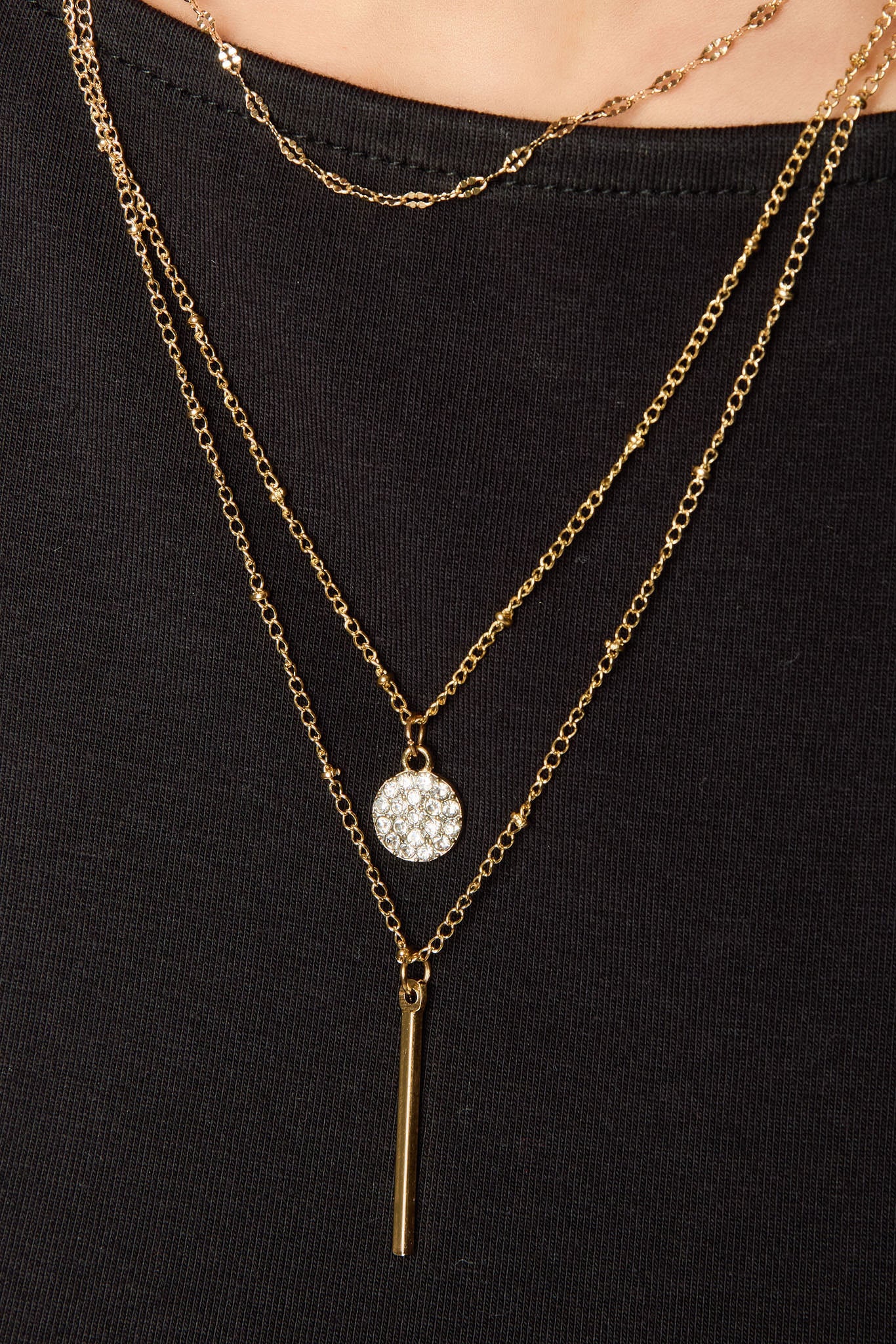 Triple Layer Necklace with Bar and Rhinestone Circle