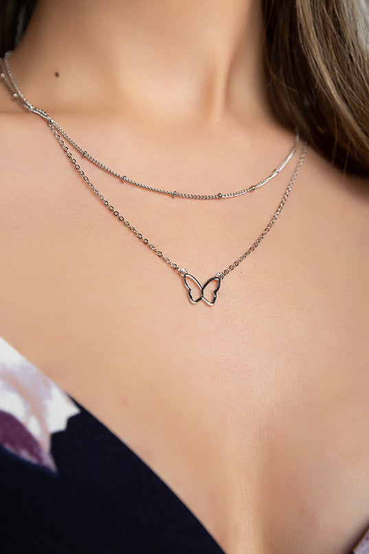 Double Strand Necklace With Butterfly Outline Pendant