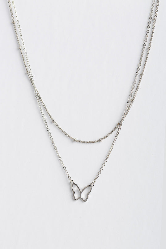 Double Strand Necklace With Butterfly Outline Pendant