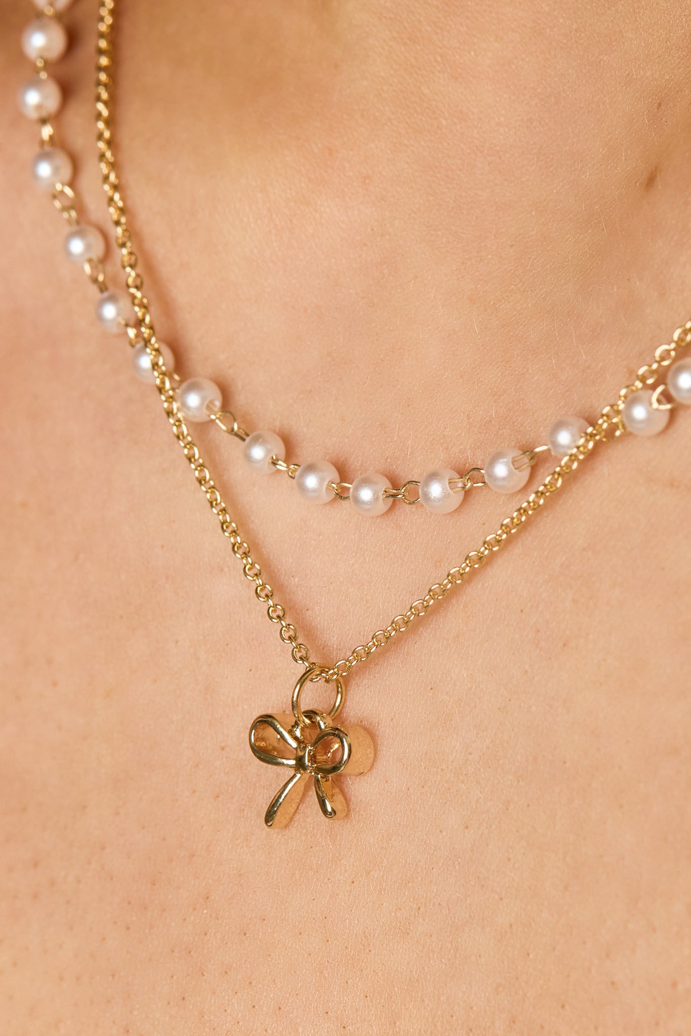 Pearl and Bow Double Necklace