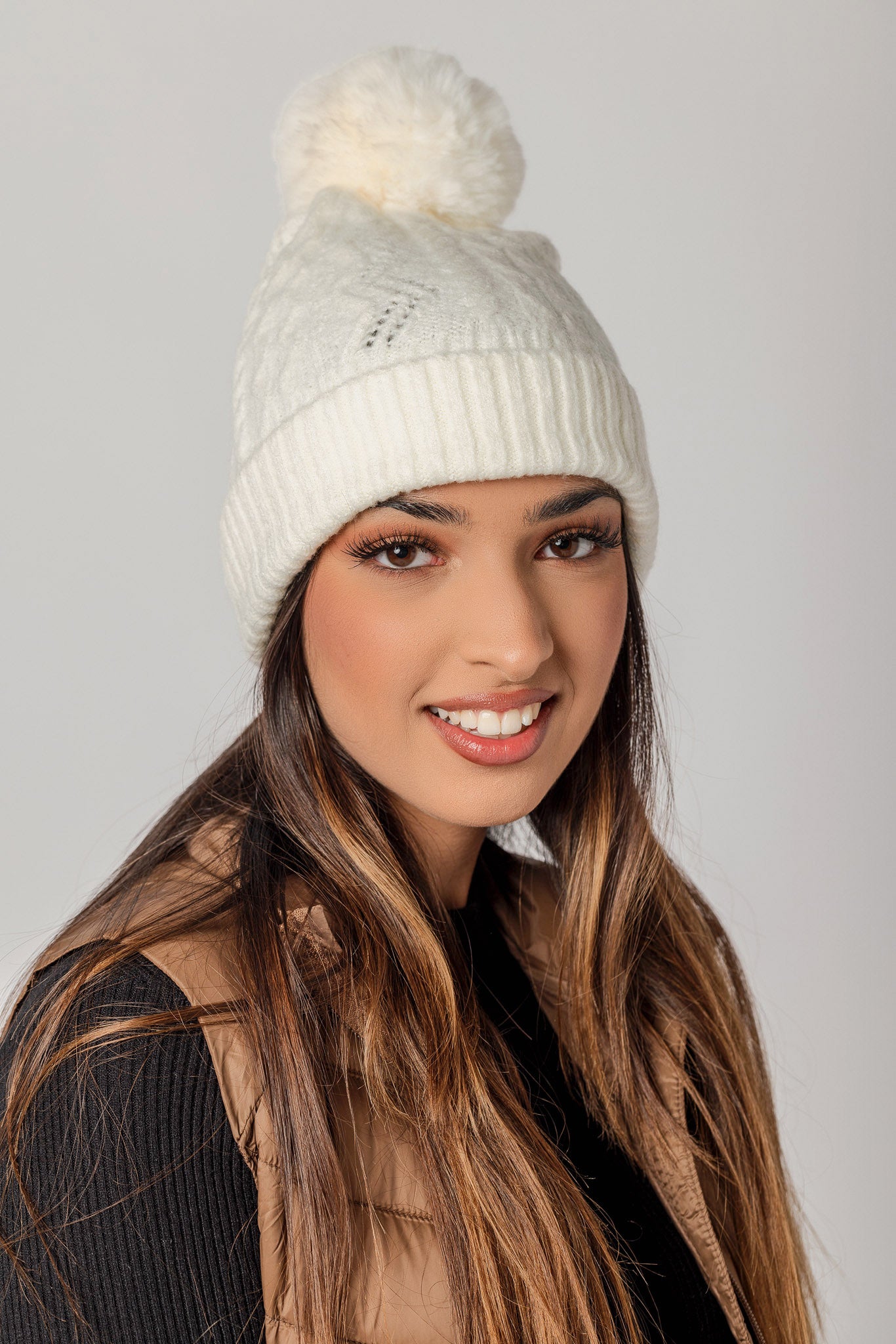Cable Knit Hat with Pom Pom