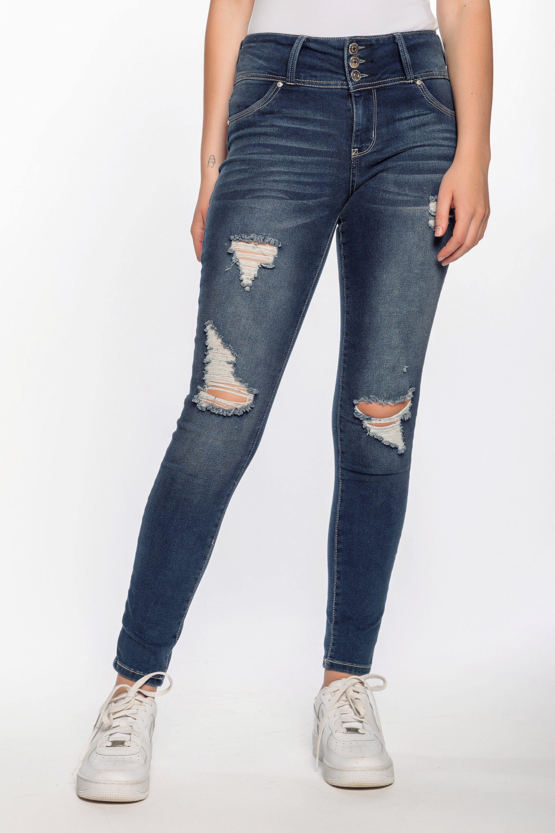 WallFlower Iris Wash Insta-Soft Sassy Skinny Distressed High-Rise Jegging with Triple Button Fly