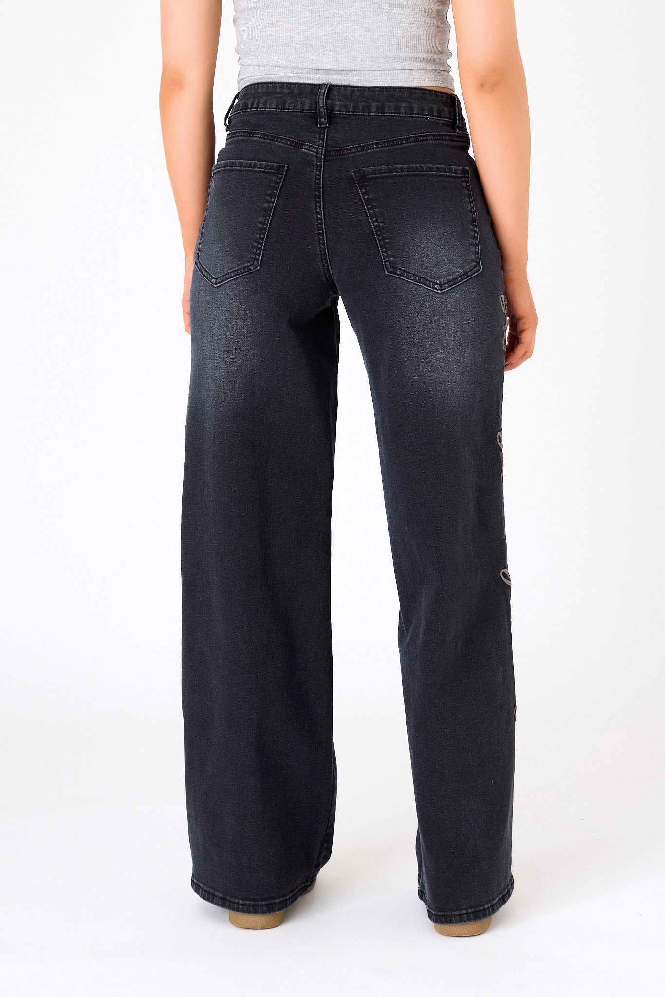 Almost Famous Black "Ultra 90's" Wide Leg Jean with Bow Embroidery