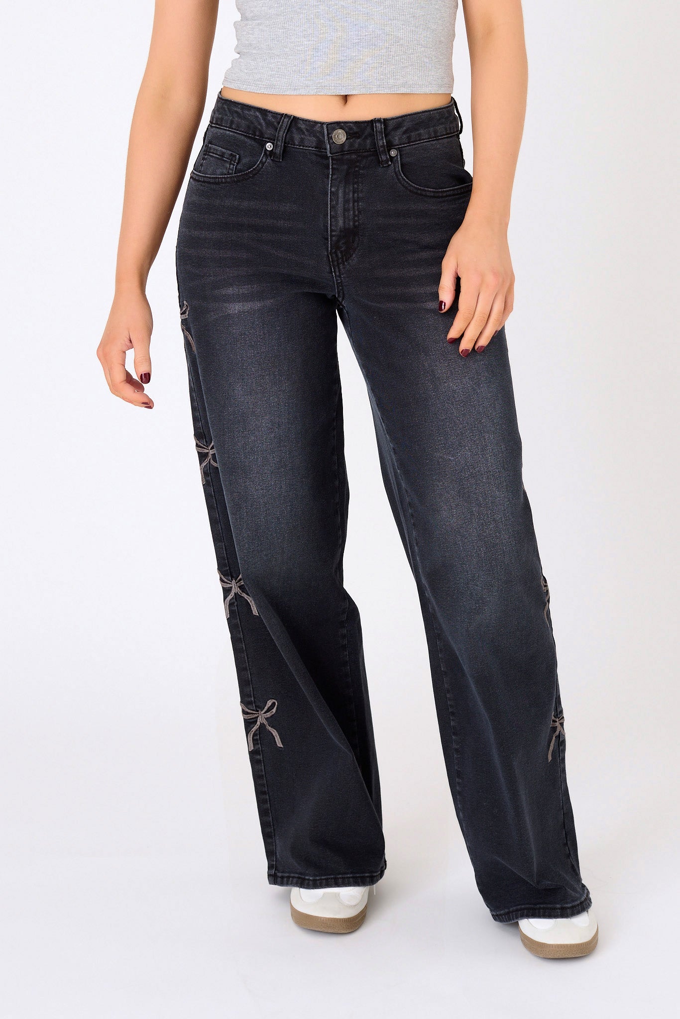 Almost Famous Black "Ultra 90's" Wide Leg Jean with Bow Embroidery