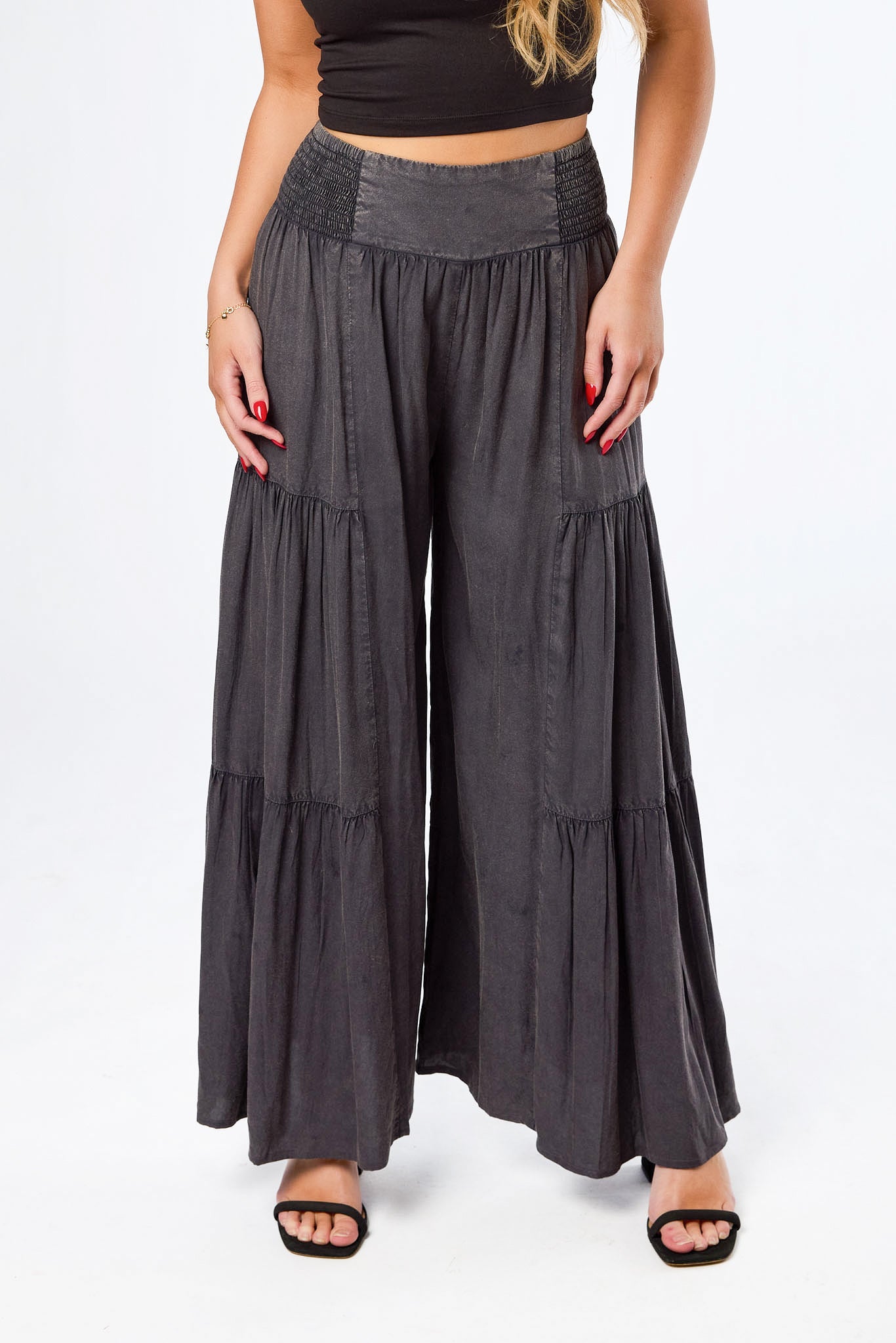 Acid Wash Denim Tiered Wideleg Pant