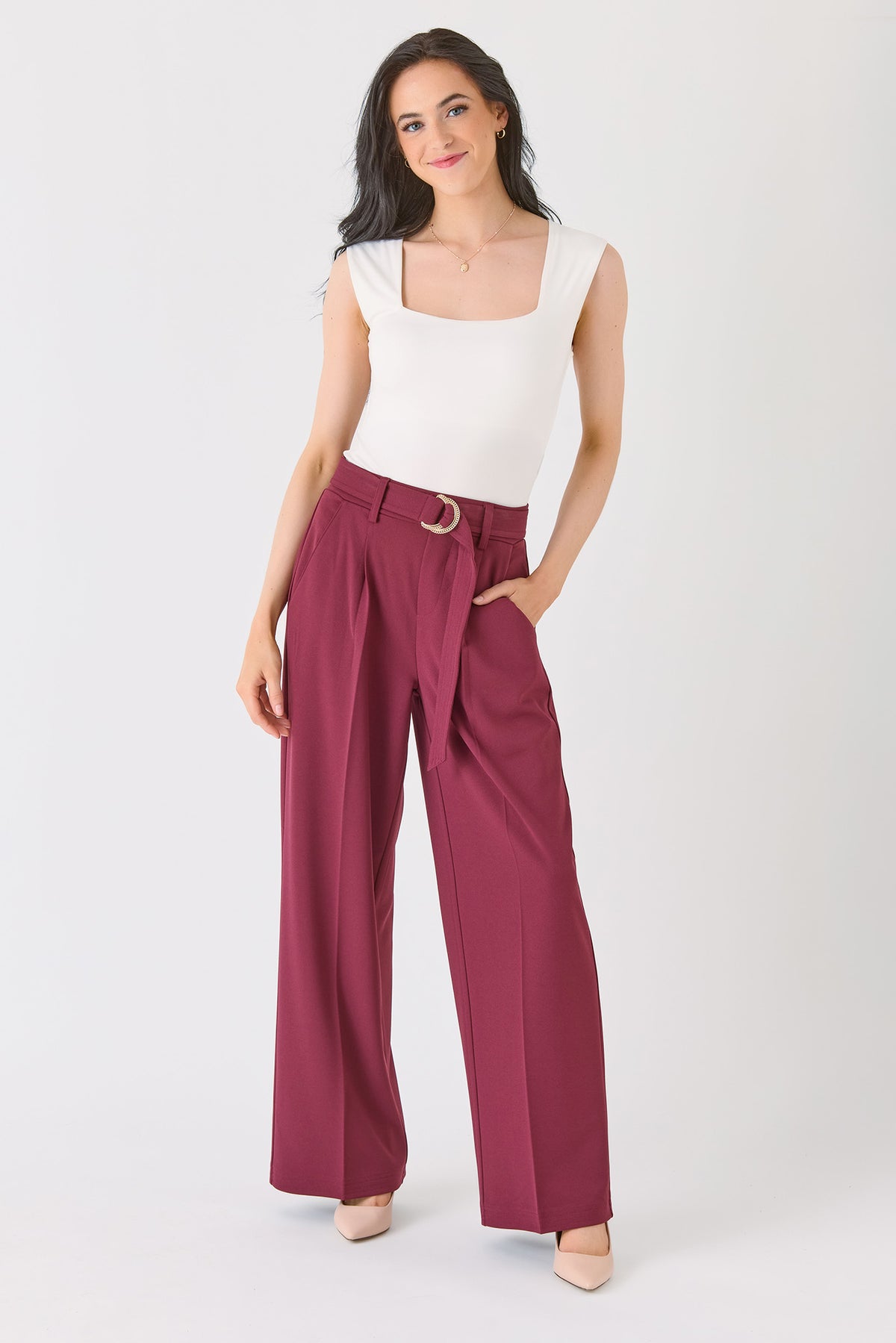 Knit Crepe Wide-Leg Pant with D-Ring Belt