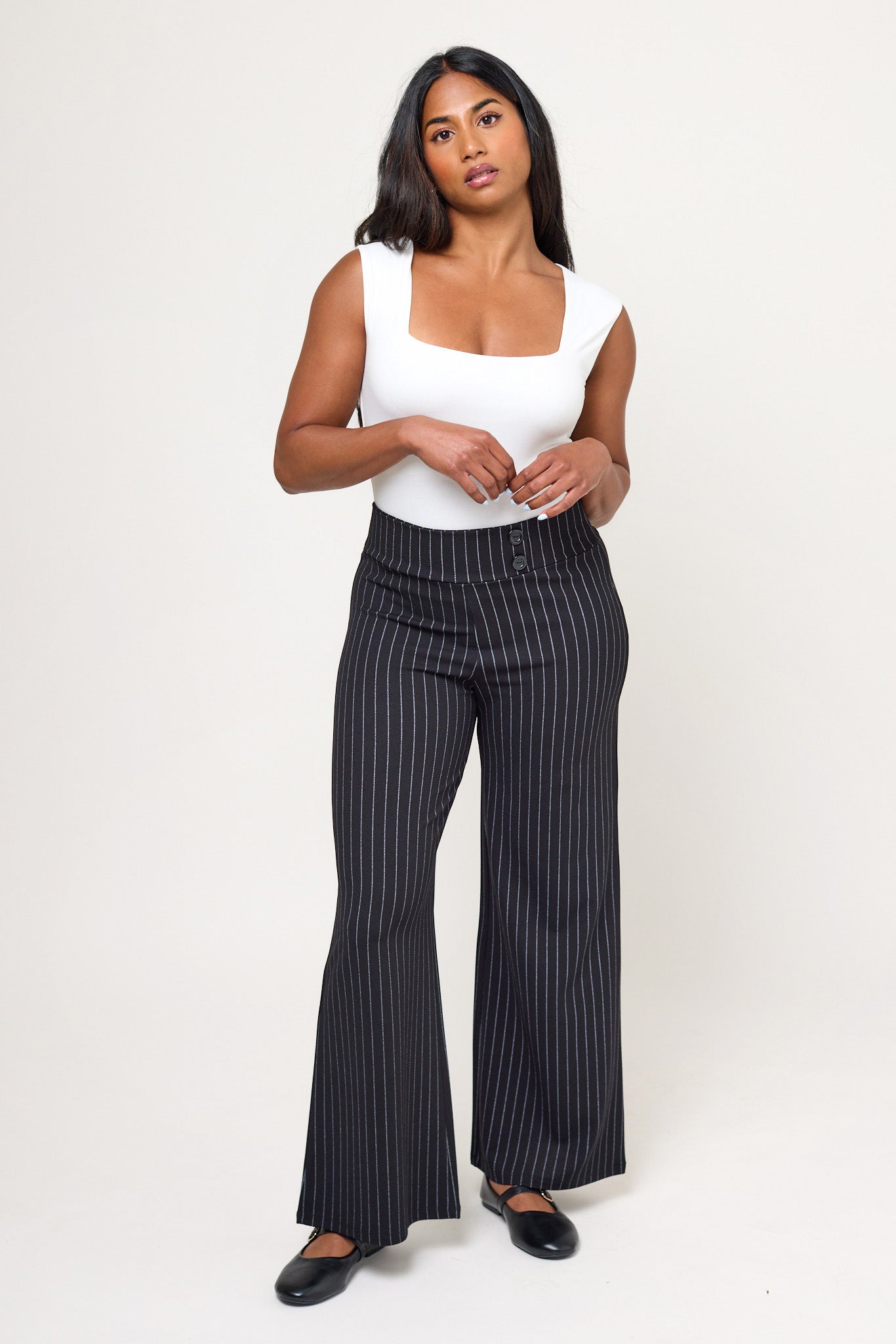 Pinstripe Wide-Leg Pants with Double Buttons - Short Inseam