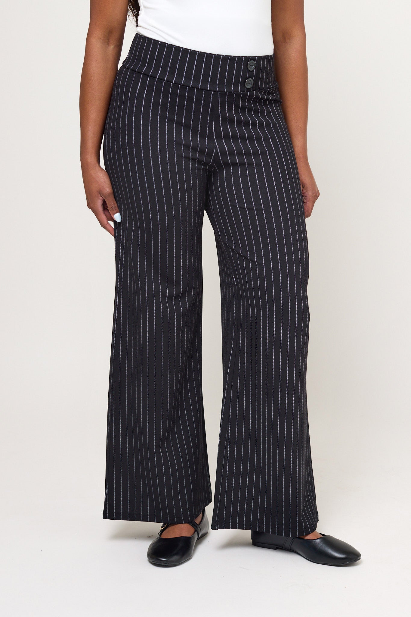 Pinstripe Wide-Leg Pants with Double Buttons - Short Inseam
