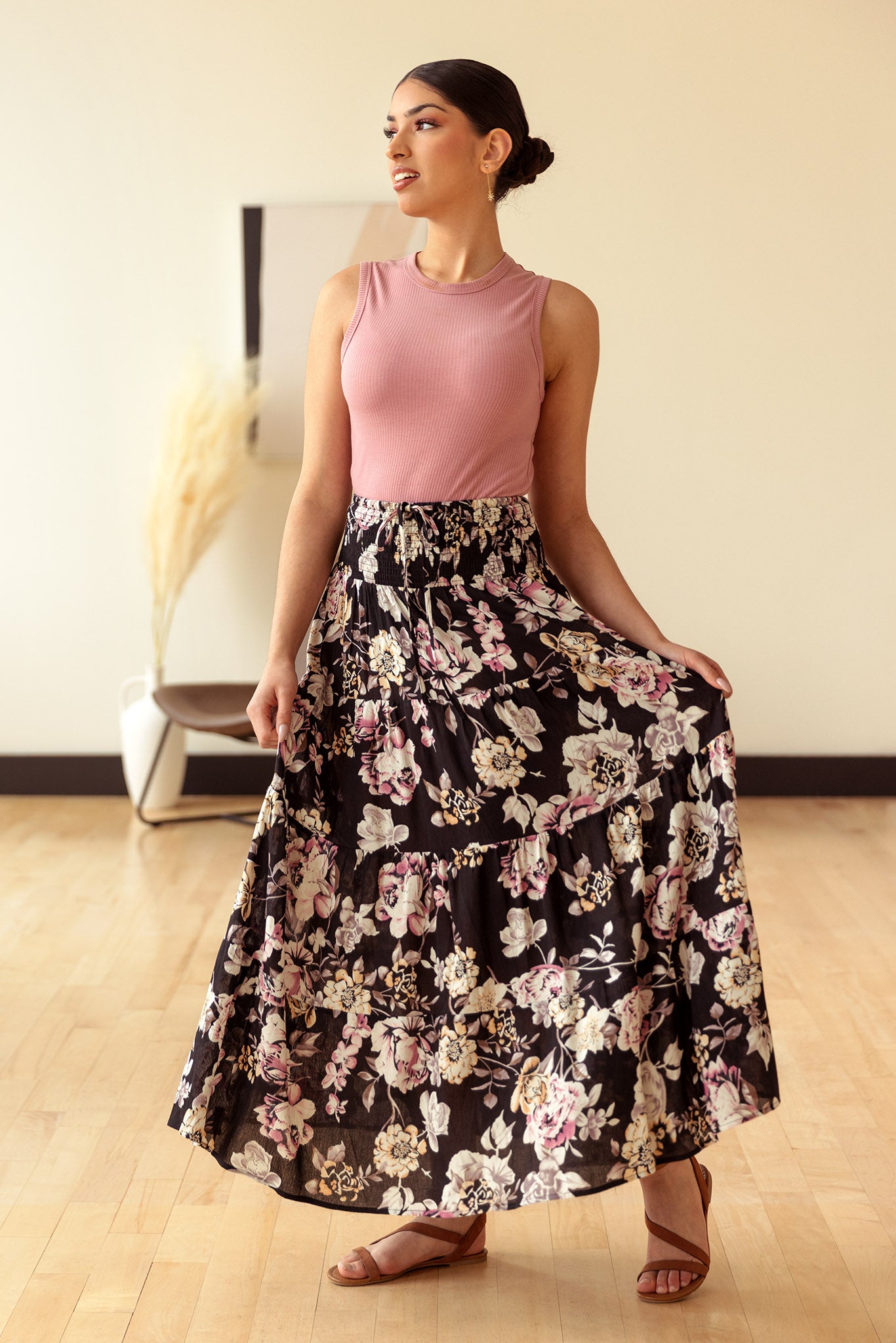 Pink Floral Gauze Tiered Maxi Skirt