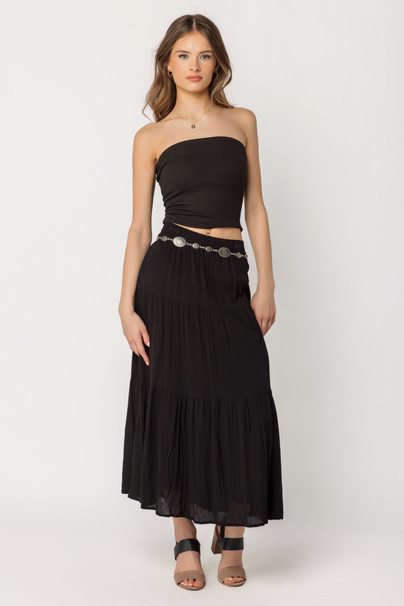 Black Gauze Peasant Maxi Skirt with Metal Belt