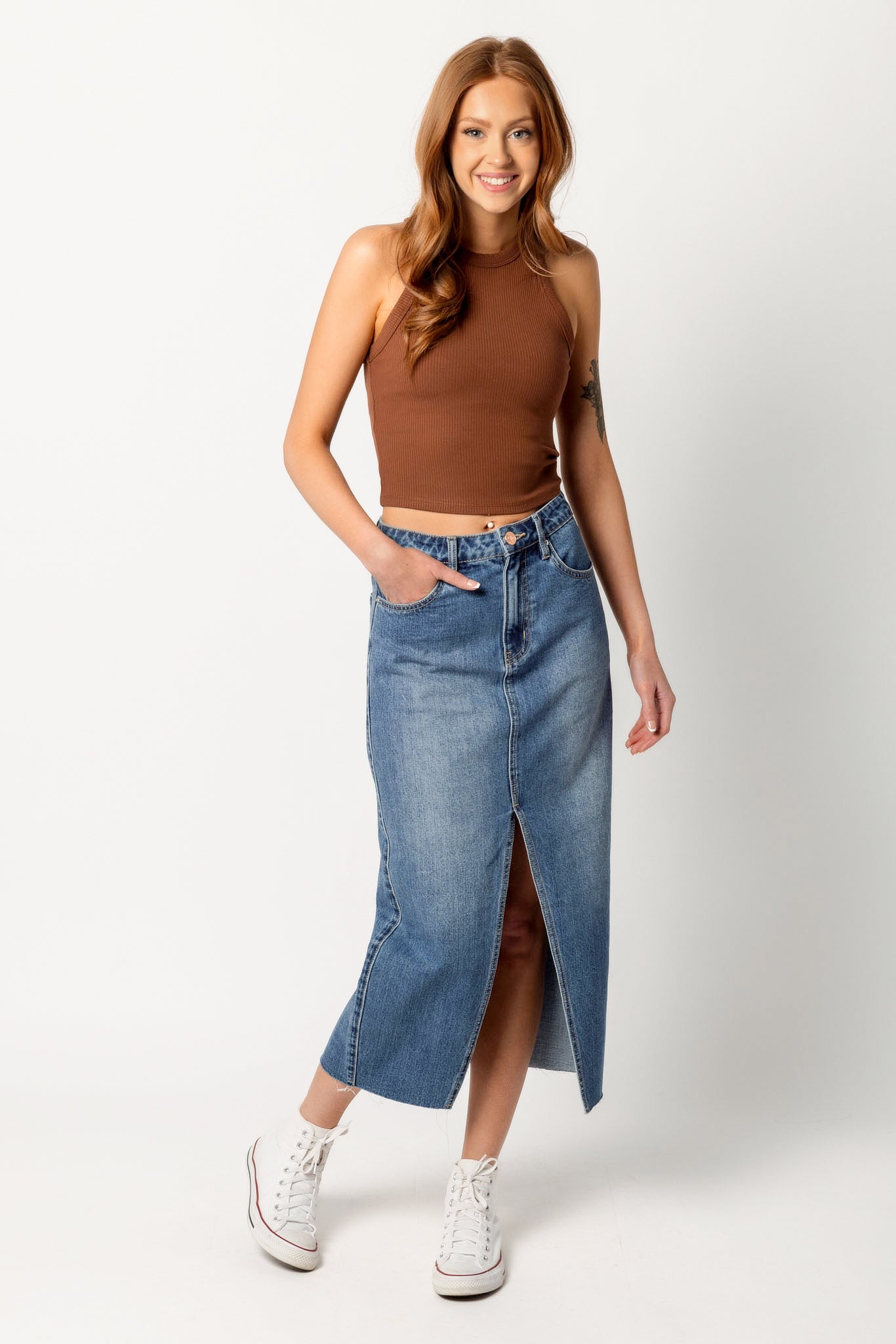 YMI Mid-Wash Maxi Skirt with Front Slit