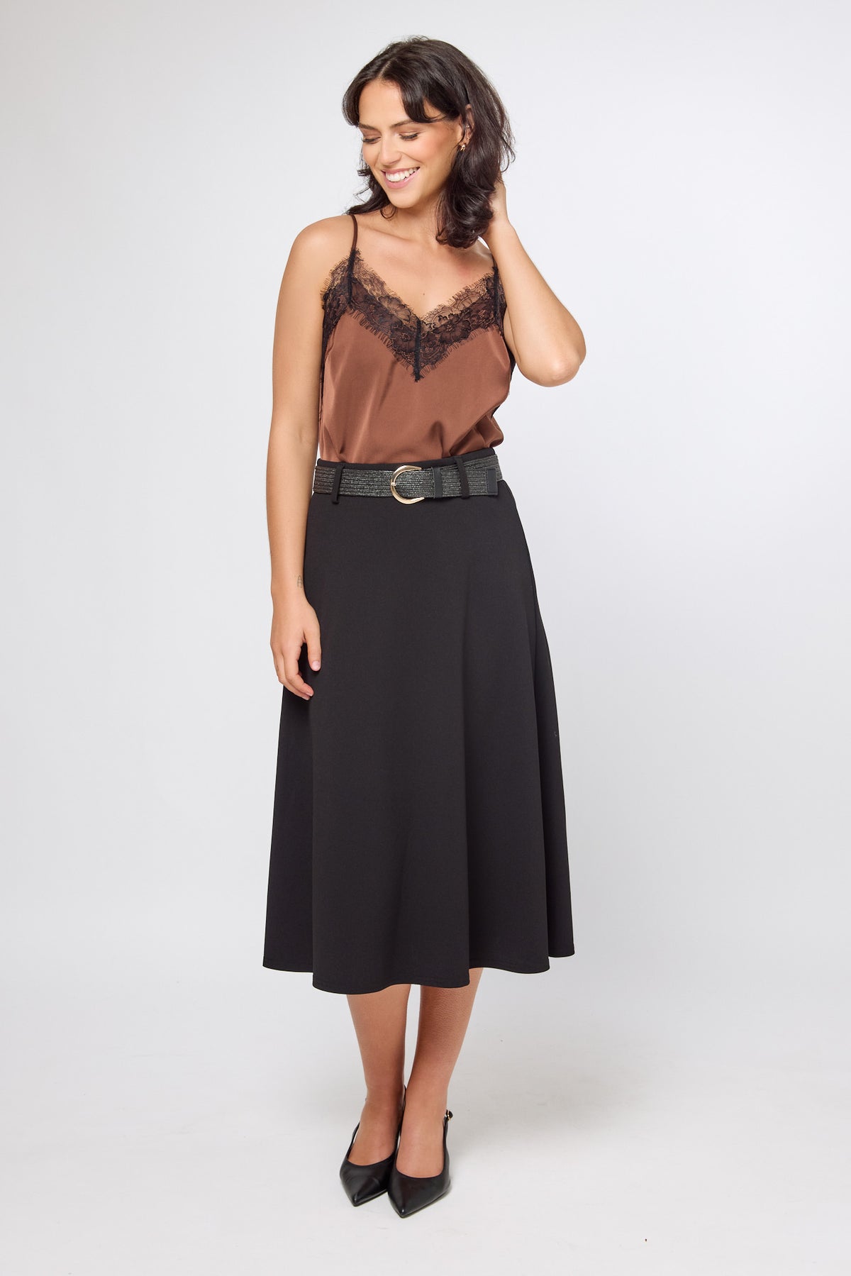 Knit Crepe Midi Skirt with Elastic Belt