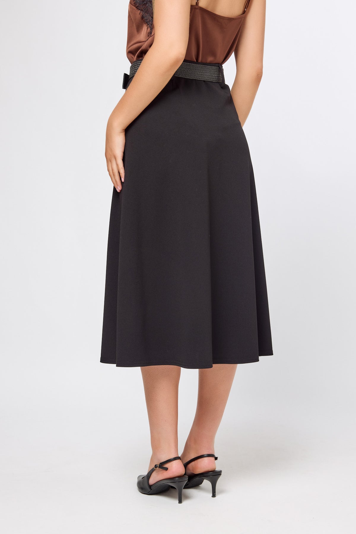 Knit Crepe Midi Skirt with Elastic Belt
