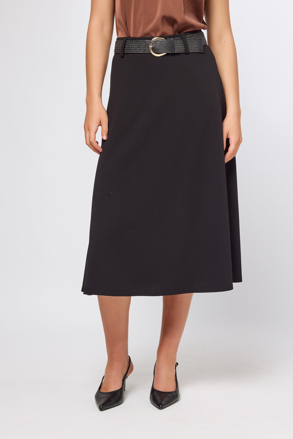 Knit Crepe Midi Skirt with Elastic Belt