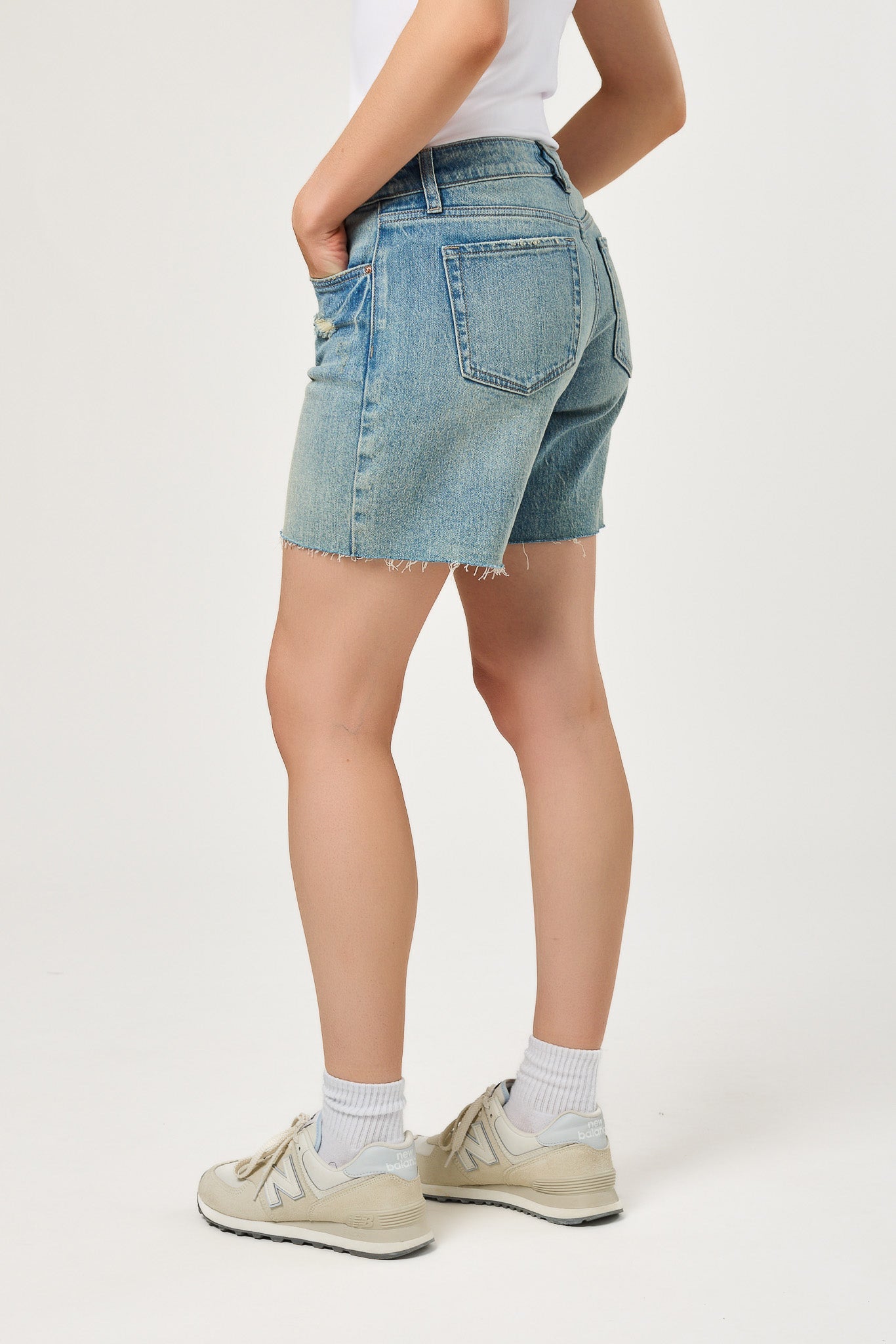 Tattoo Faded Blue Distressed Mid-Rise Short with Raw Hem