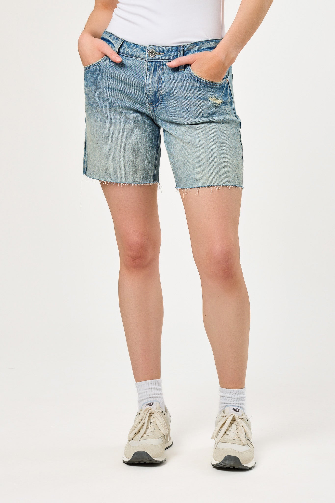 Tattoo Faded Blue Distressed Mid-Rise Short with Raw Hem