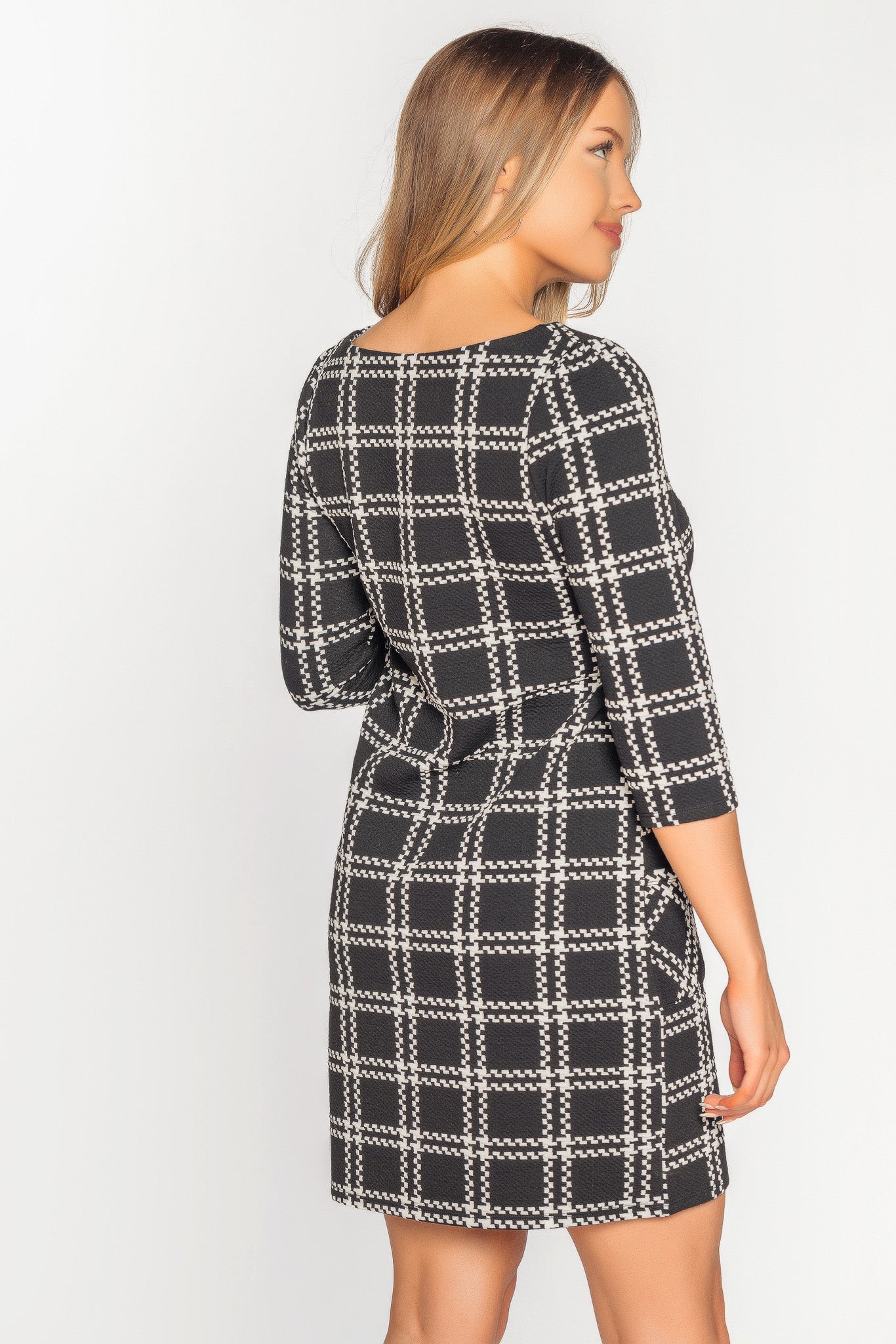 Checker 3/4 Sleeve Dress with Pockets