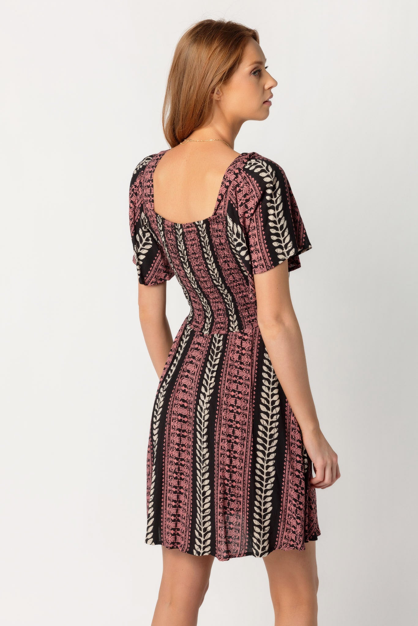 Boho Vine Bell Sleeve Knotted Bust Dress with Cut-Out