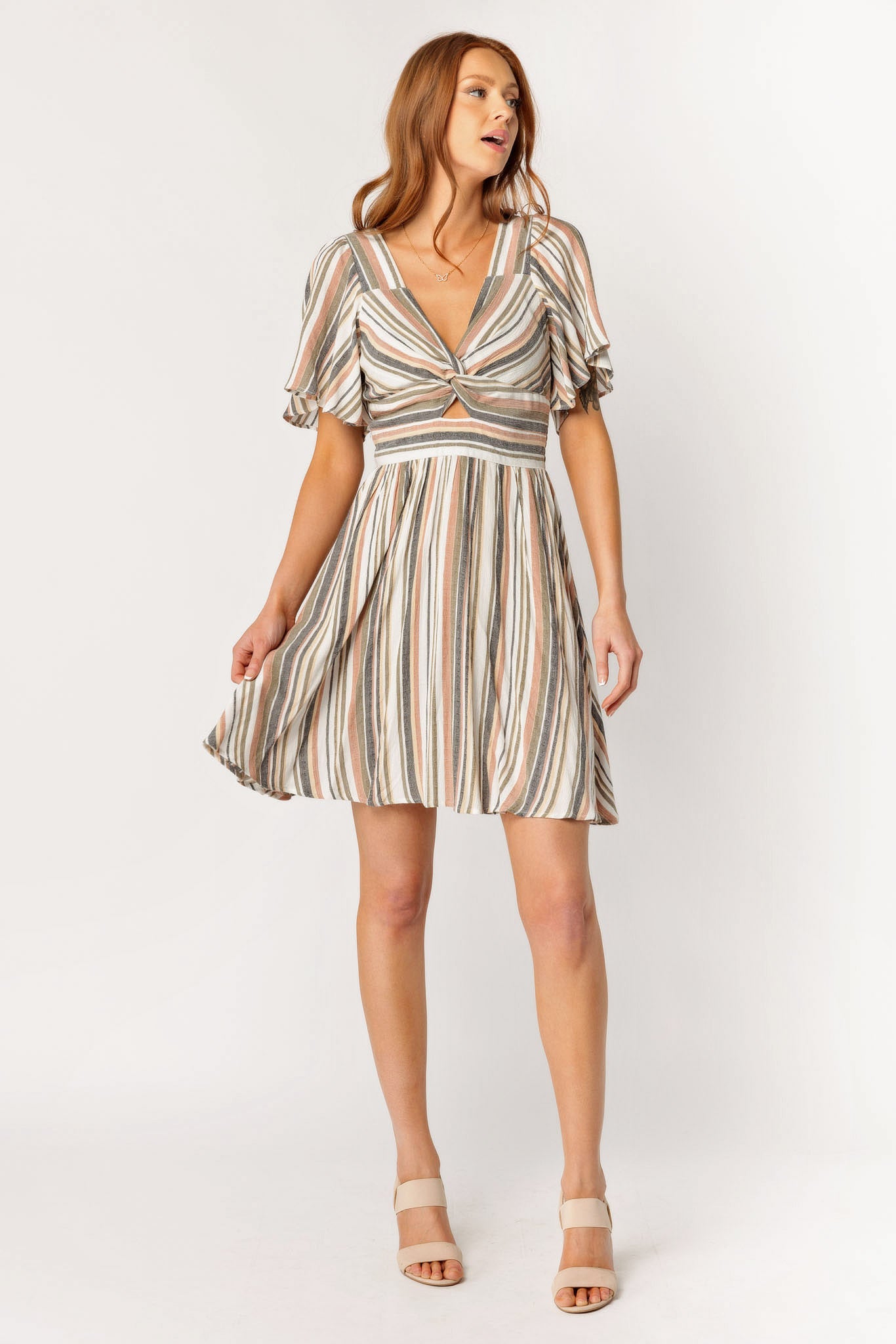 Stripe Bell Sleeve Knotted Bust Dress with Cut-Out