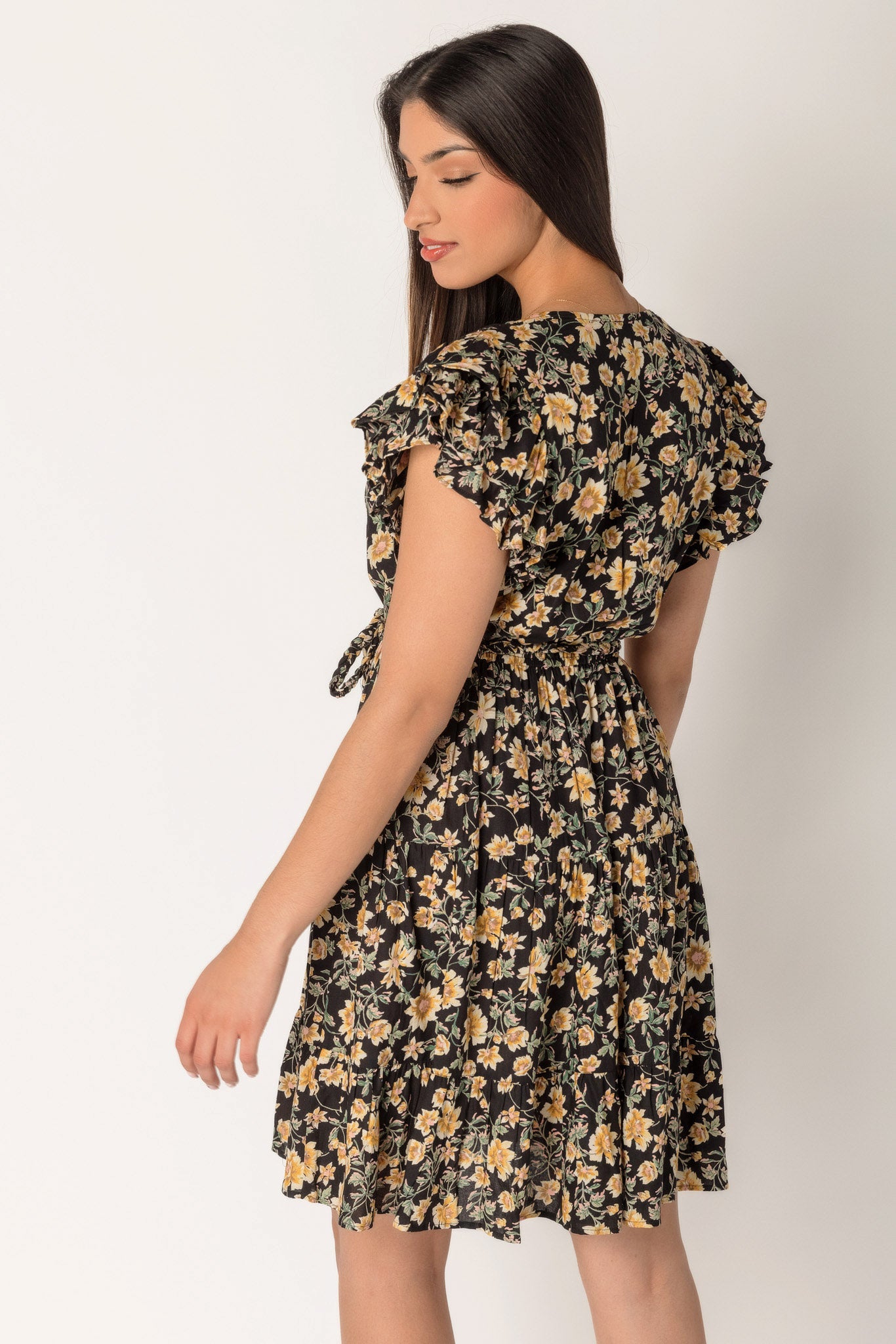 Small Floral Print Crossover Tiered Dress