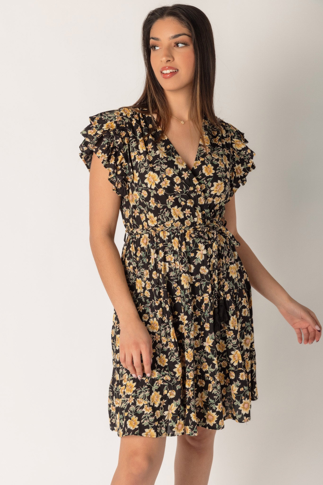 Small Floral Print Crossover Tiered Dress