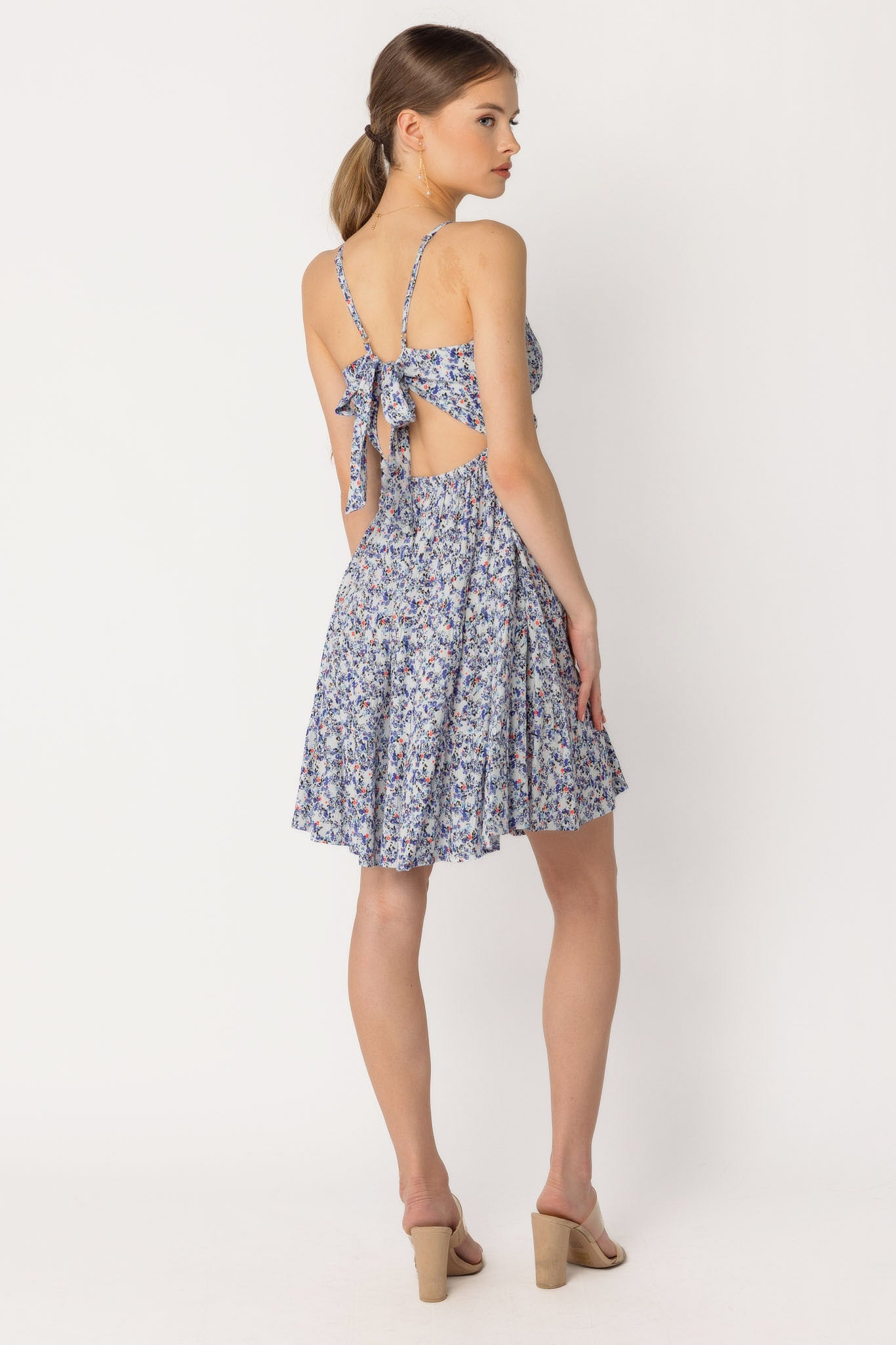 Ditsy Spaghetti Strap Tiered Dress with Tie-Back