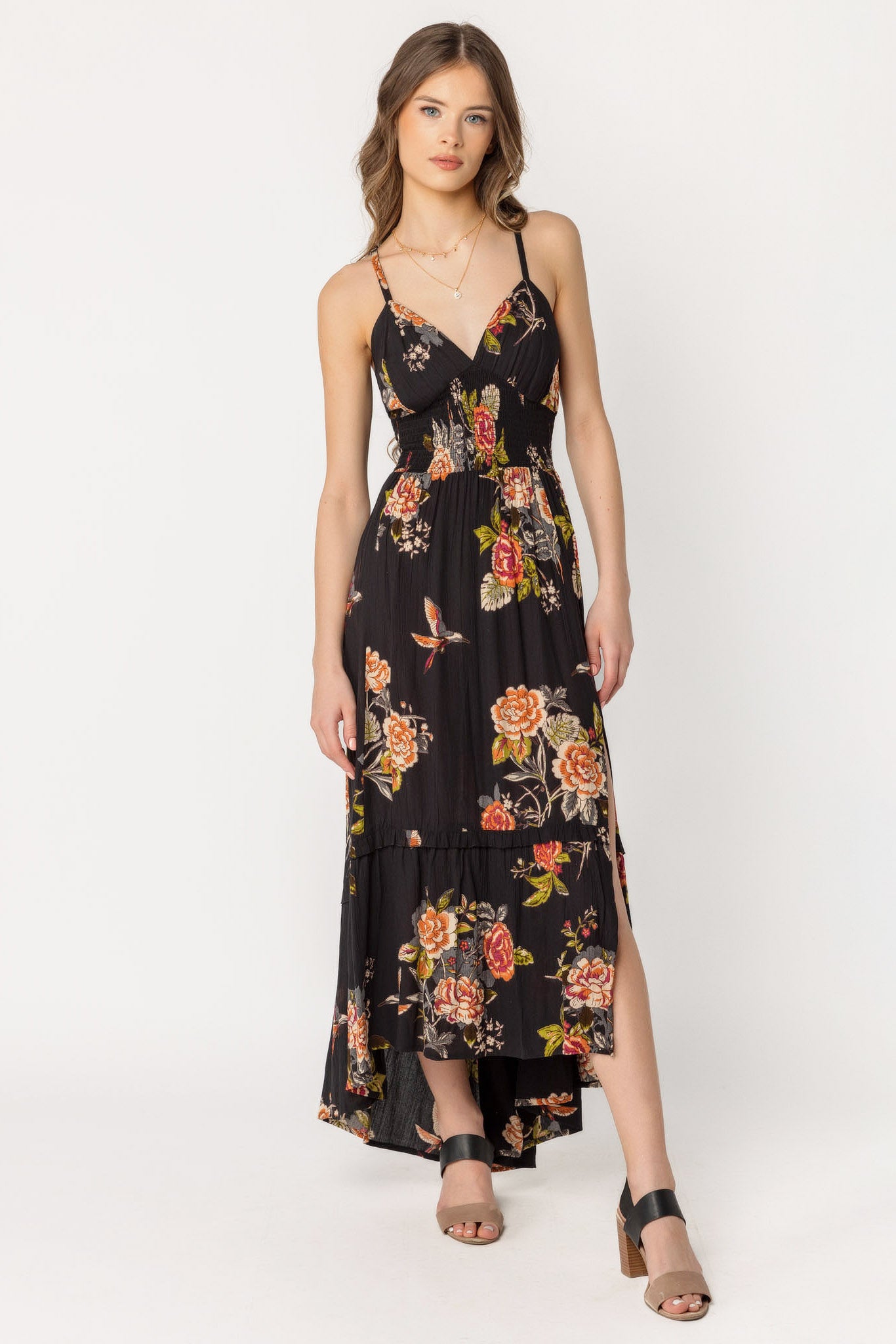 Floral/Bird Smocked High Low Dress with Lace-Up Back