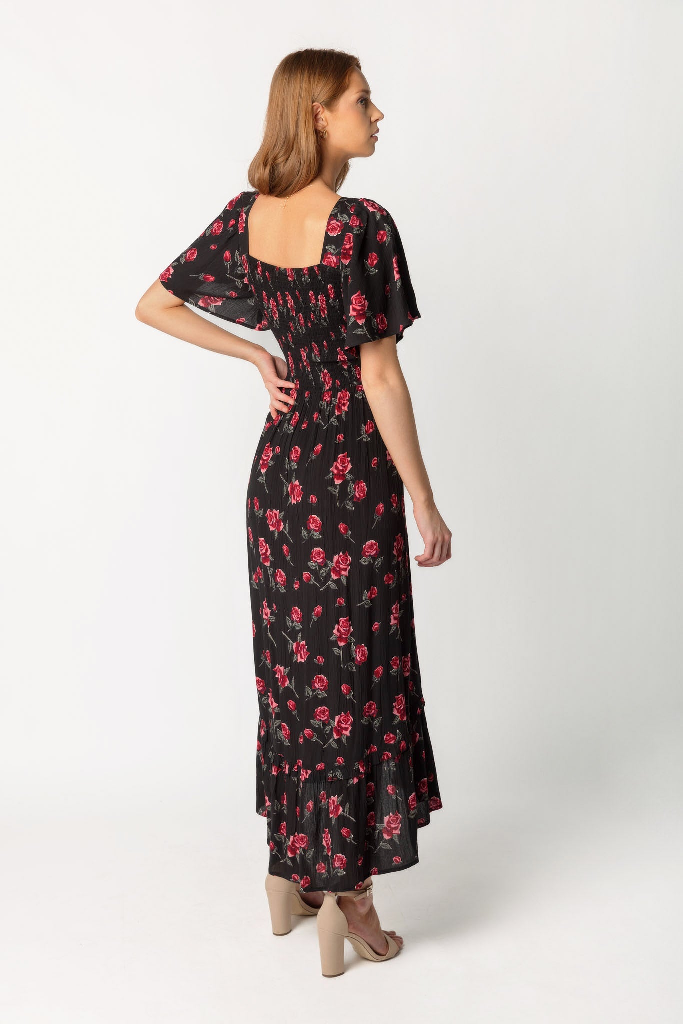 Roses Bell Sleeve Knotted Bust High Low Dress