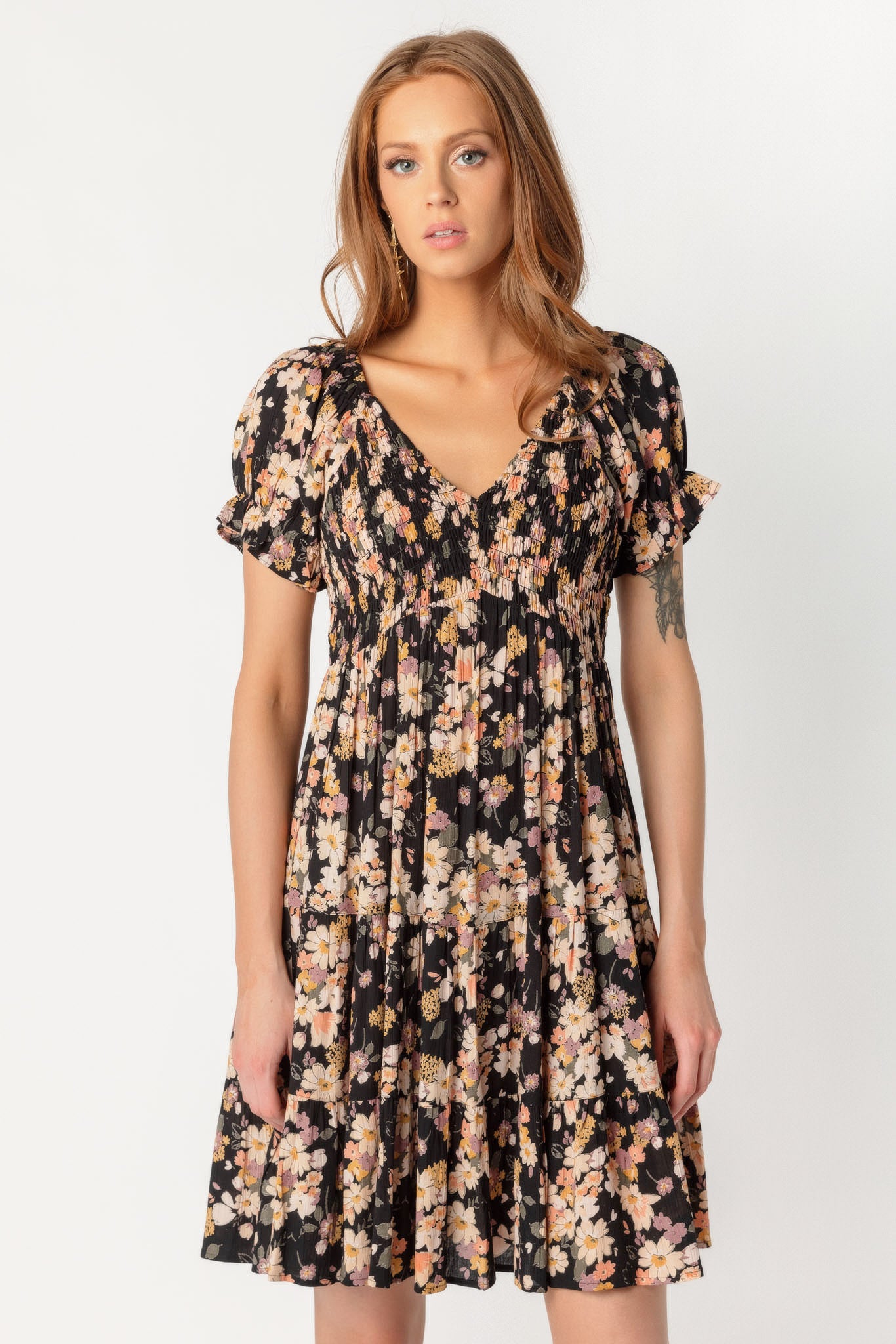 Floral Puff Sleeve Tiered Dress