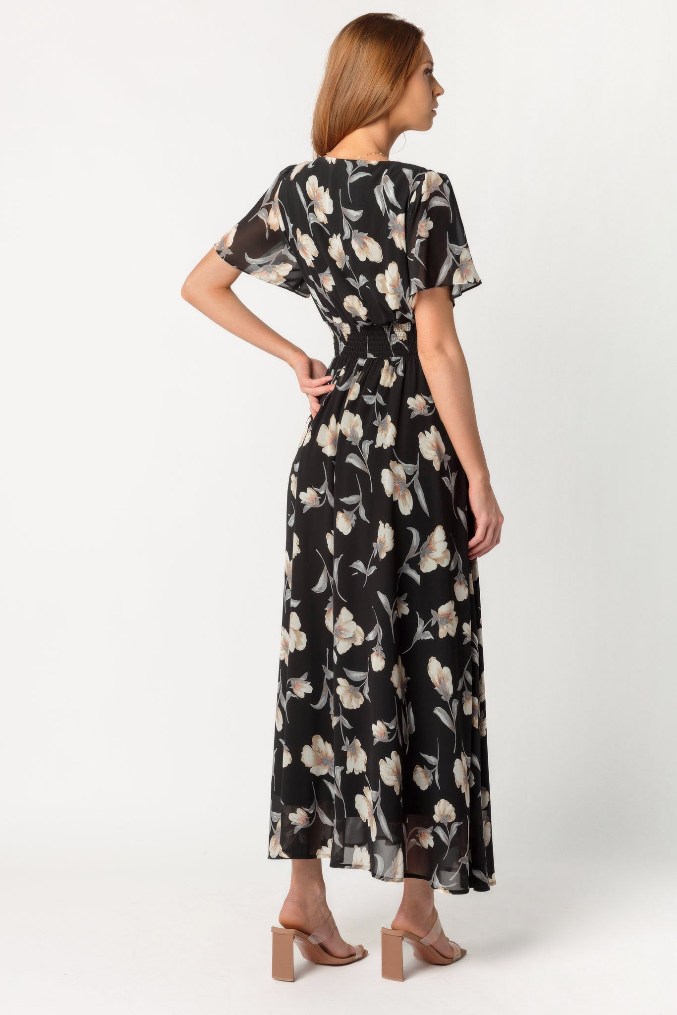 Floral Flutter Sleeve V-Neck Maxi Dress with Smocked Waist