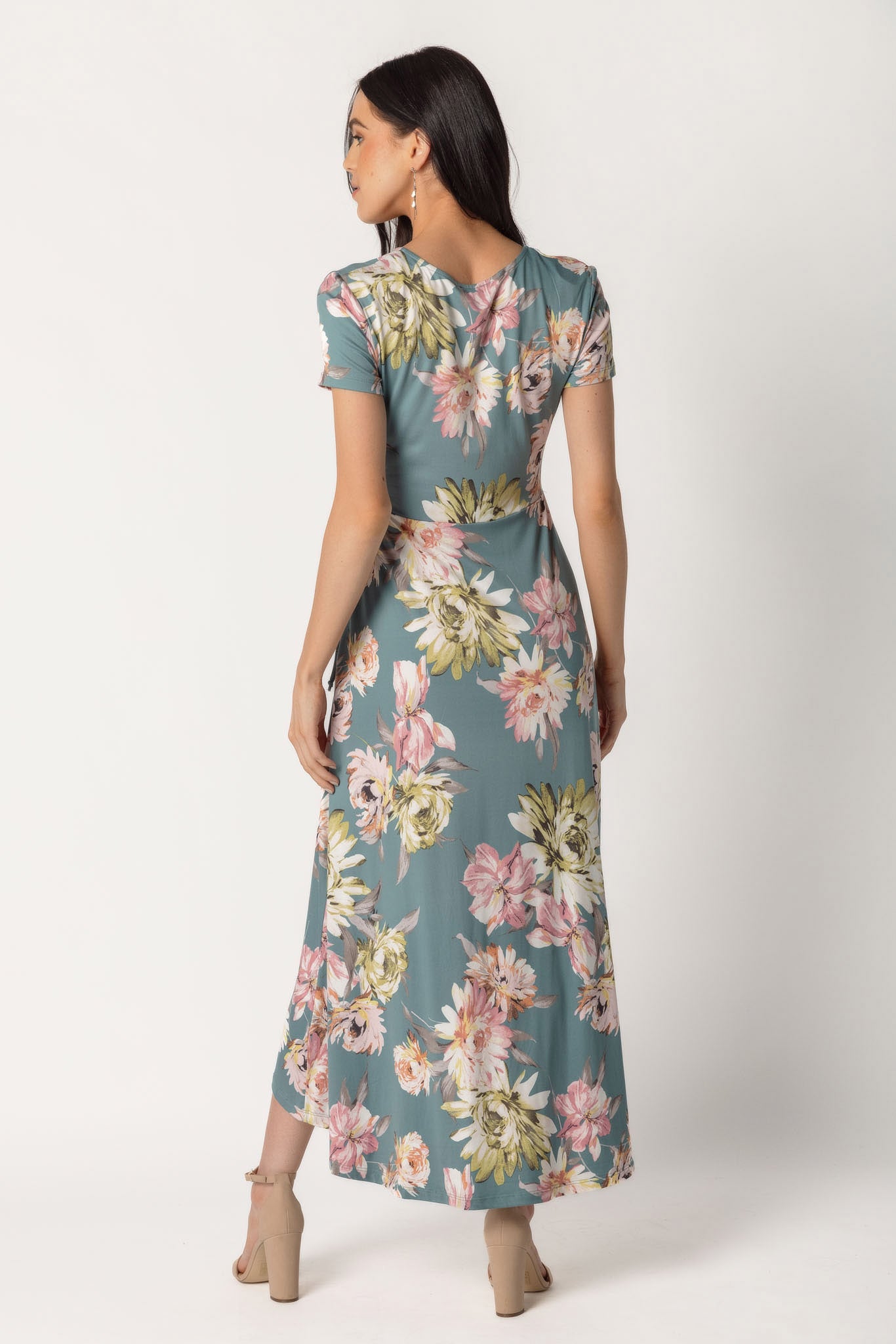 Large Floral Brushed Cap Sleeve Crossover High Low Dress
