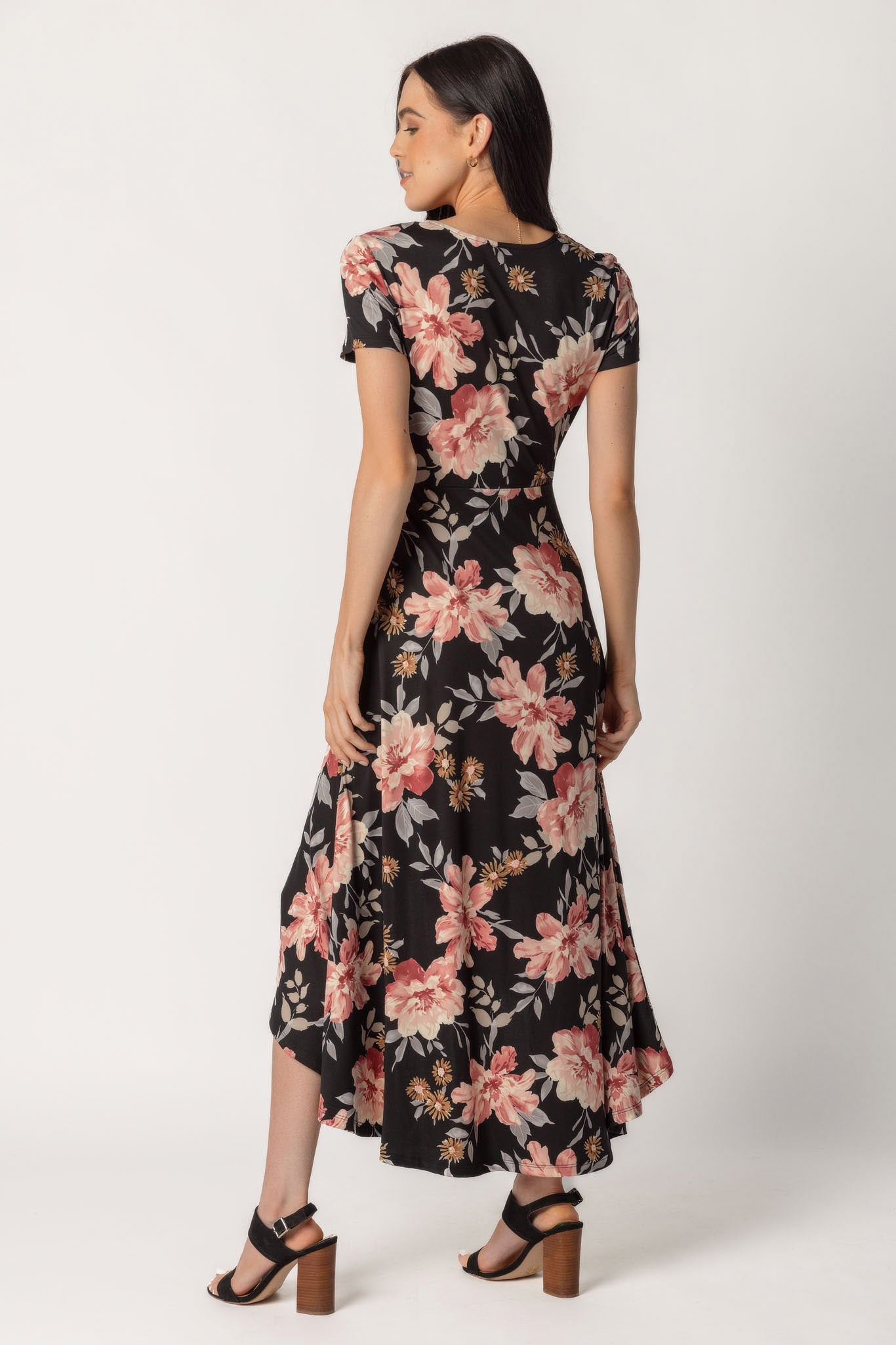 Floral Brushed Cap Sleeve Crossover High Low Dress