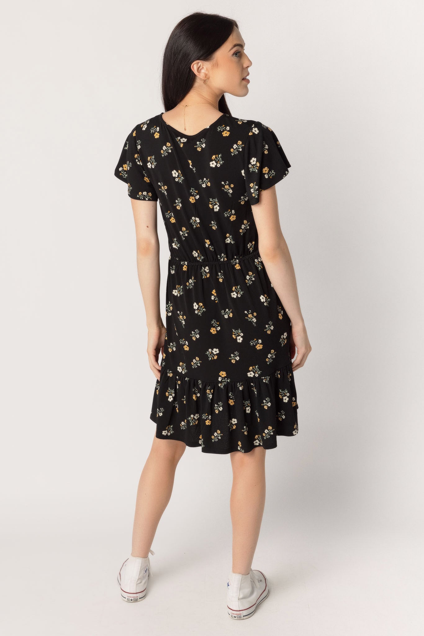 Ditsy Flutter Sleeve Dress with Buttons and Ruffle Hem