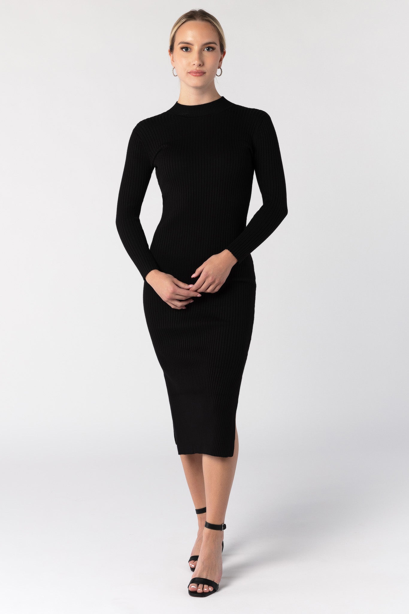 Mockneck Midi Dress with Slide Slits and 3/4 Sleeve