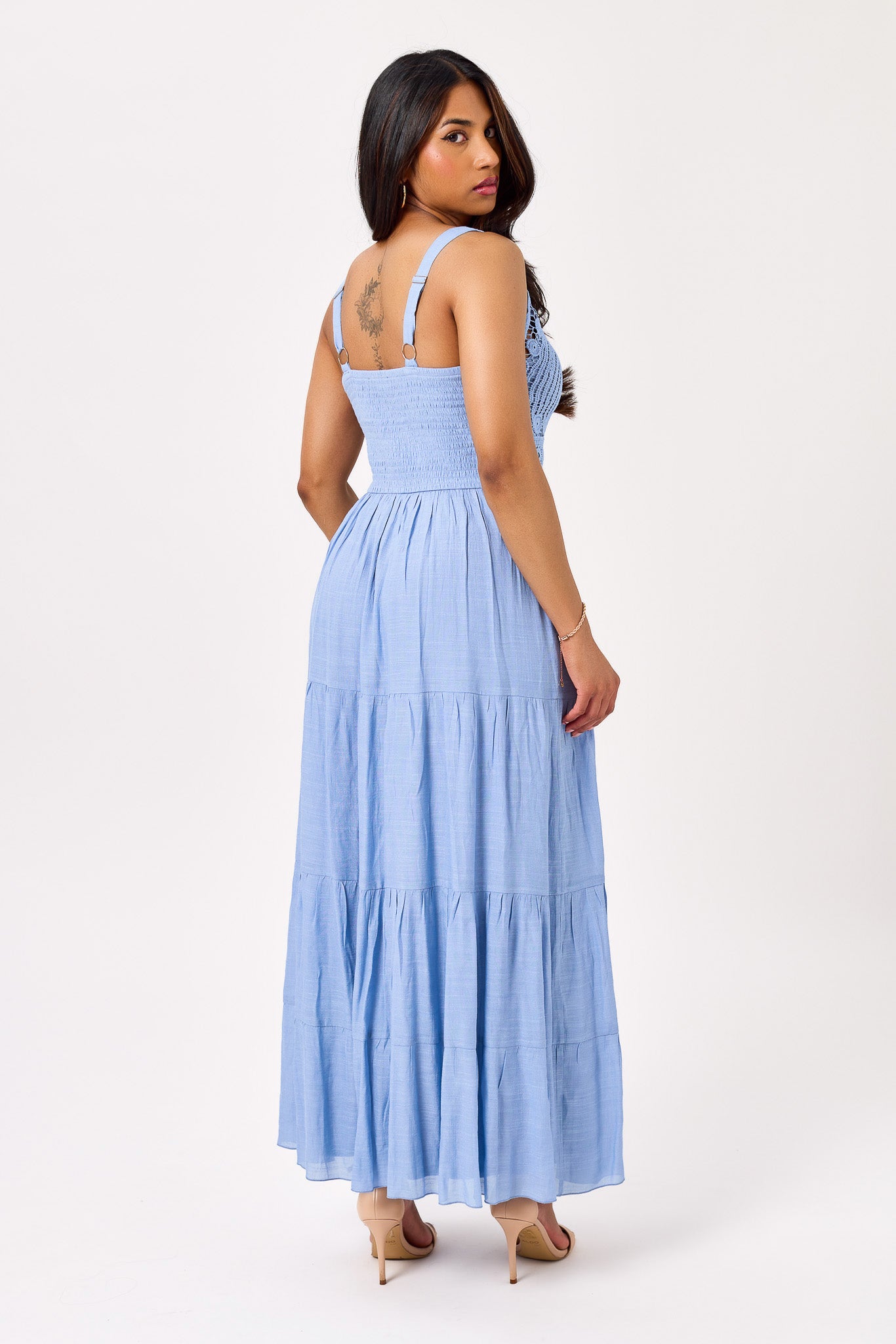 Gauze Sleeveless V-Neck Maxi Dress with Crochet Bodice