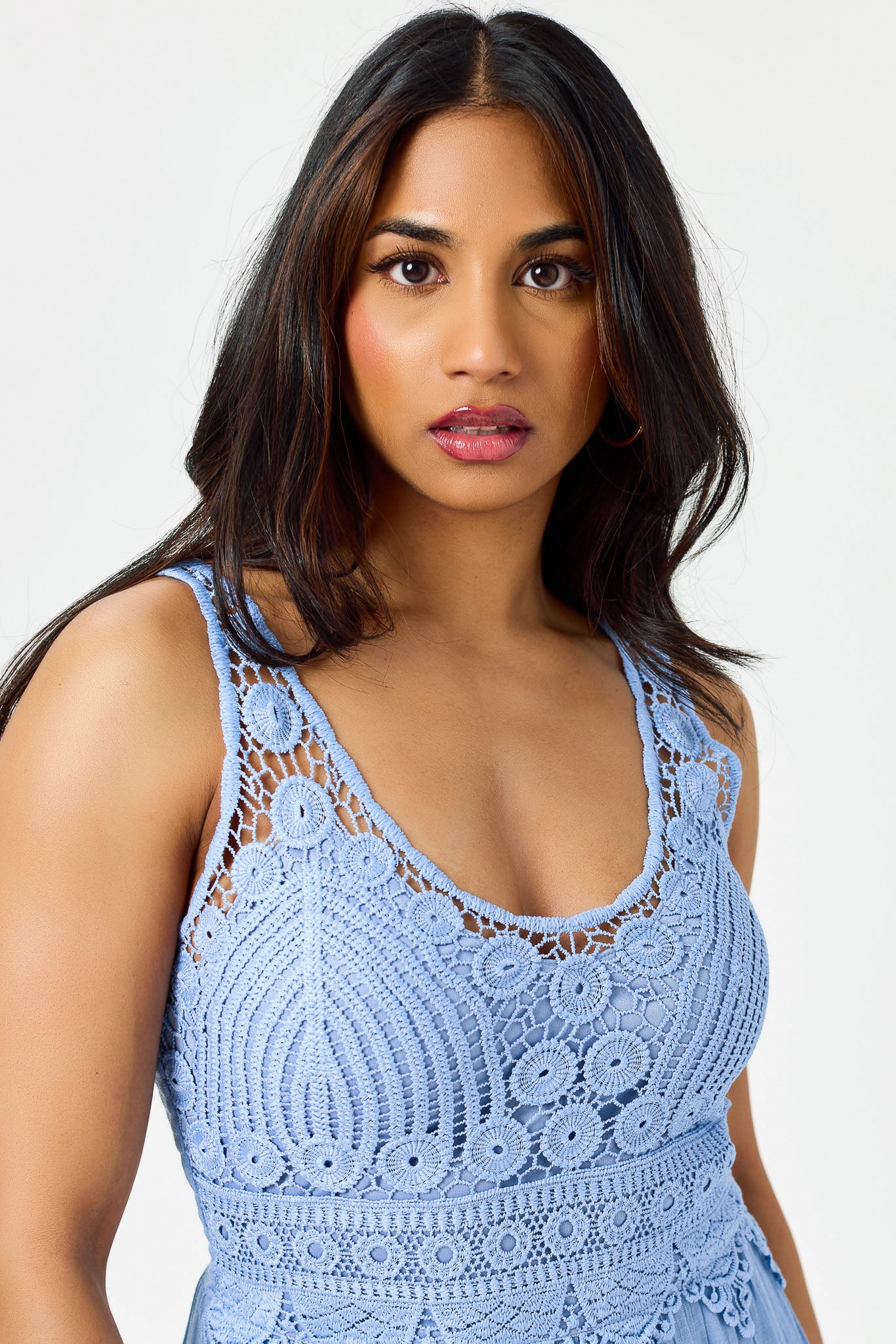 Gauze Sleeveless V-Neck Maxi Dress with Crochet Bodice