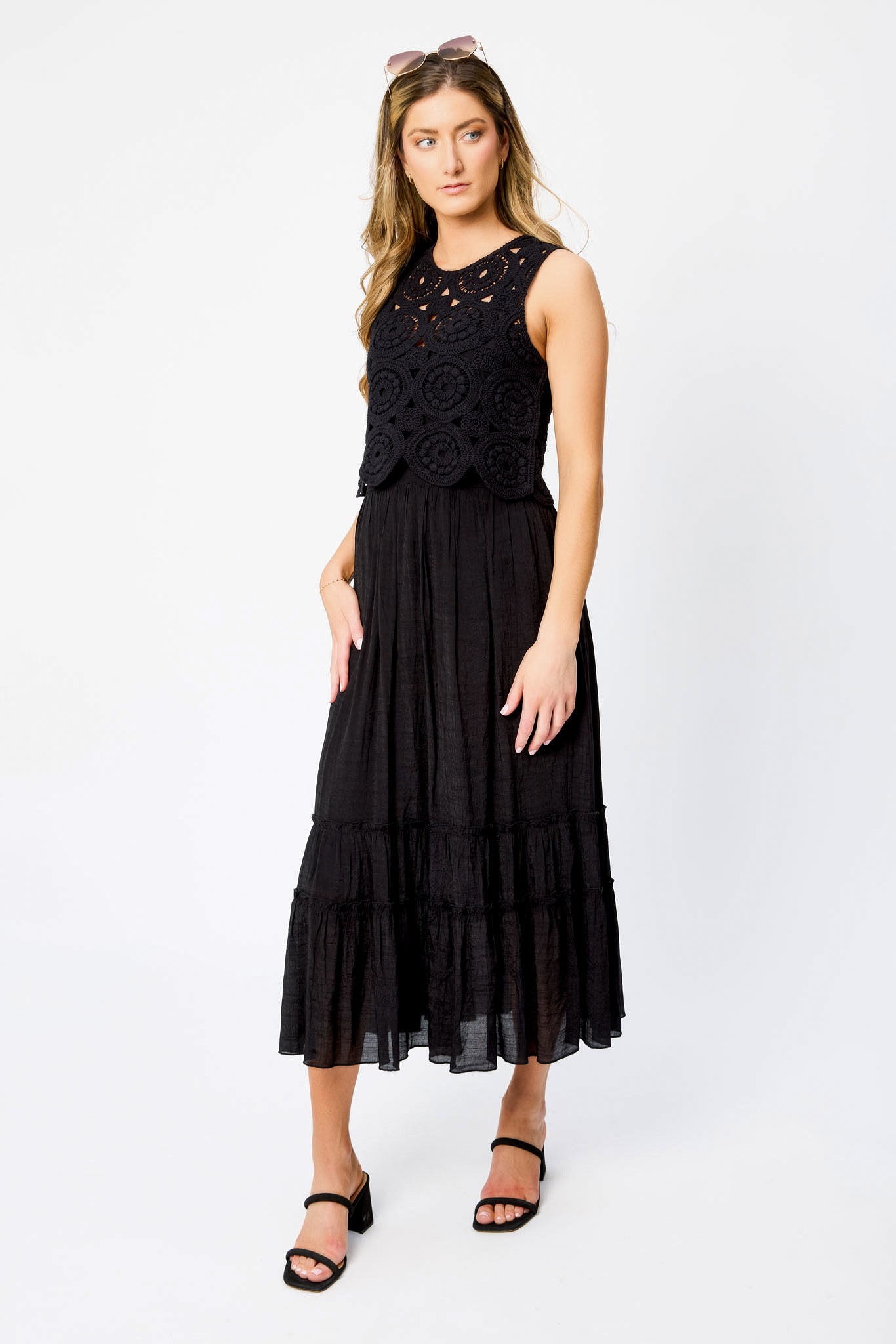 Gauze Sleeveless Crew-Neck Maxi Dress with Crochet Shell
