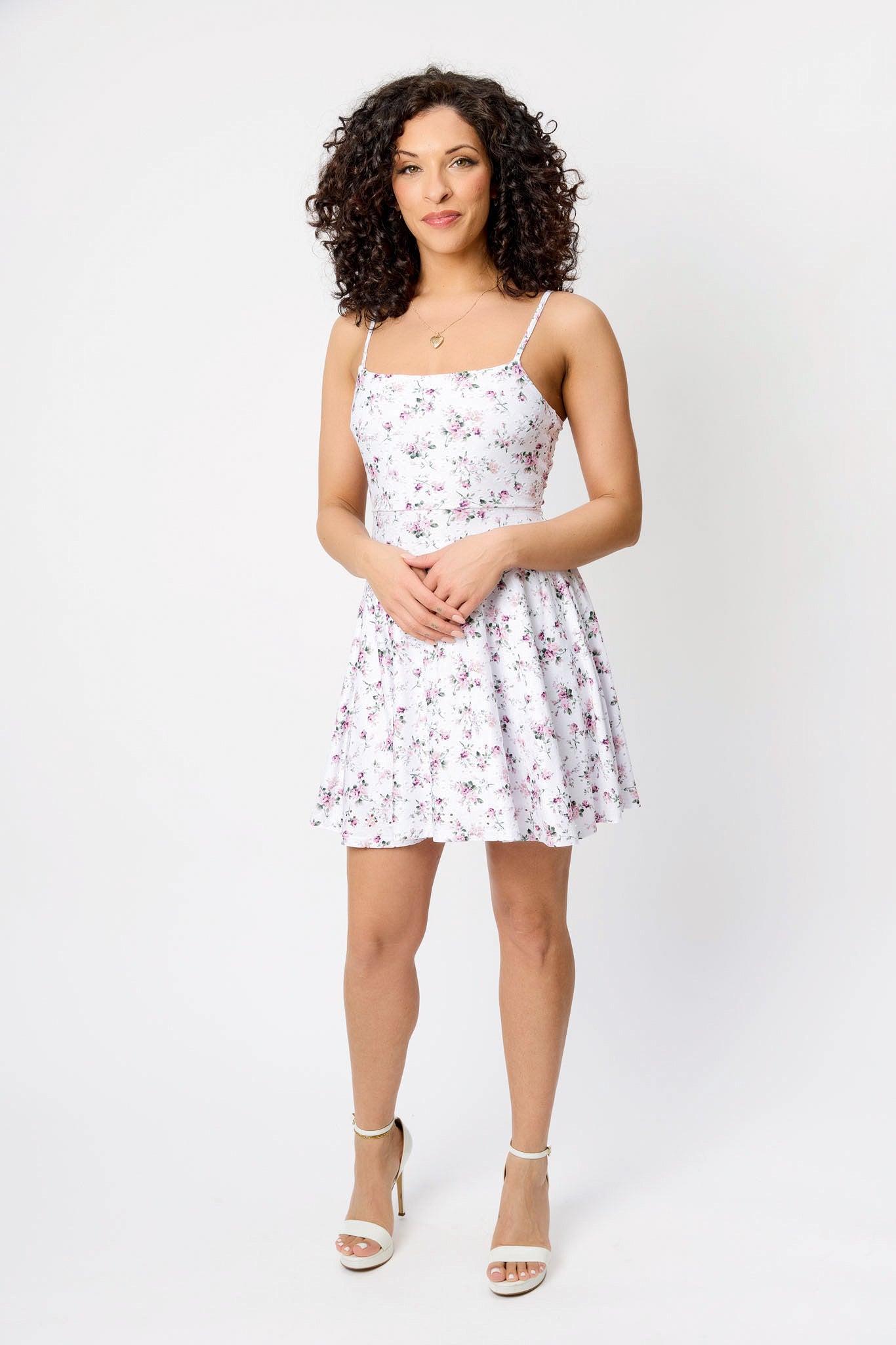 Ditsy Eyelet Spaghetti Strap Scoop-Neck Skater Dress with Open Back