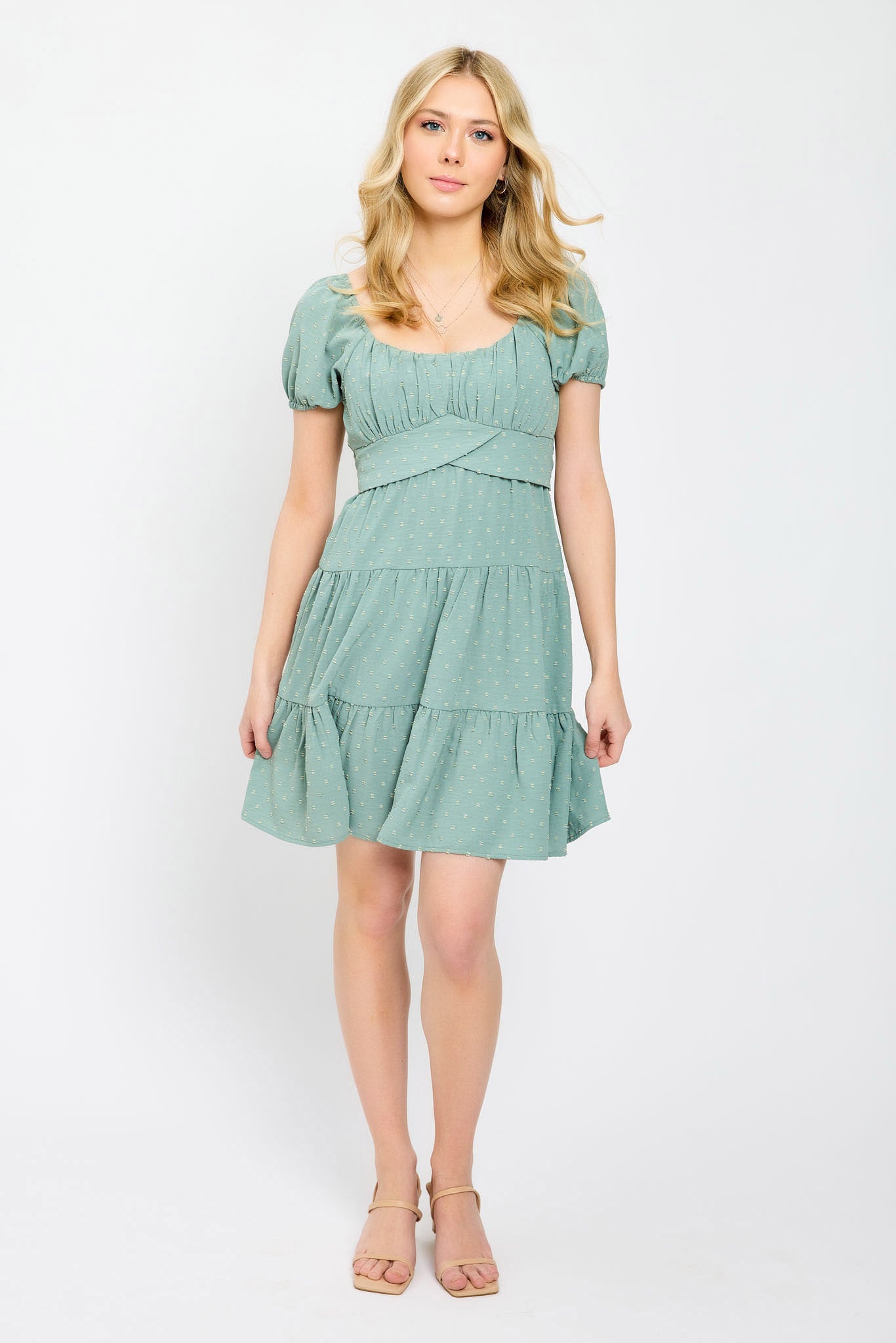 Swiss Dot Short-Sleeve Tiered Dress