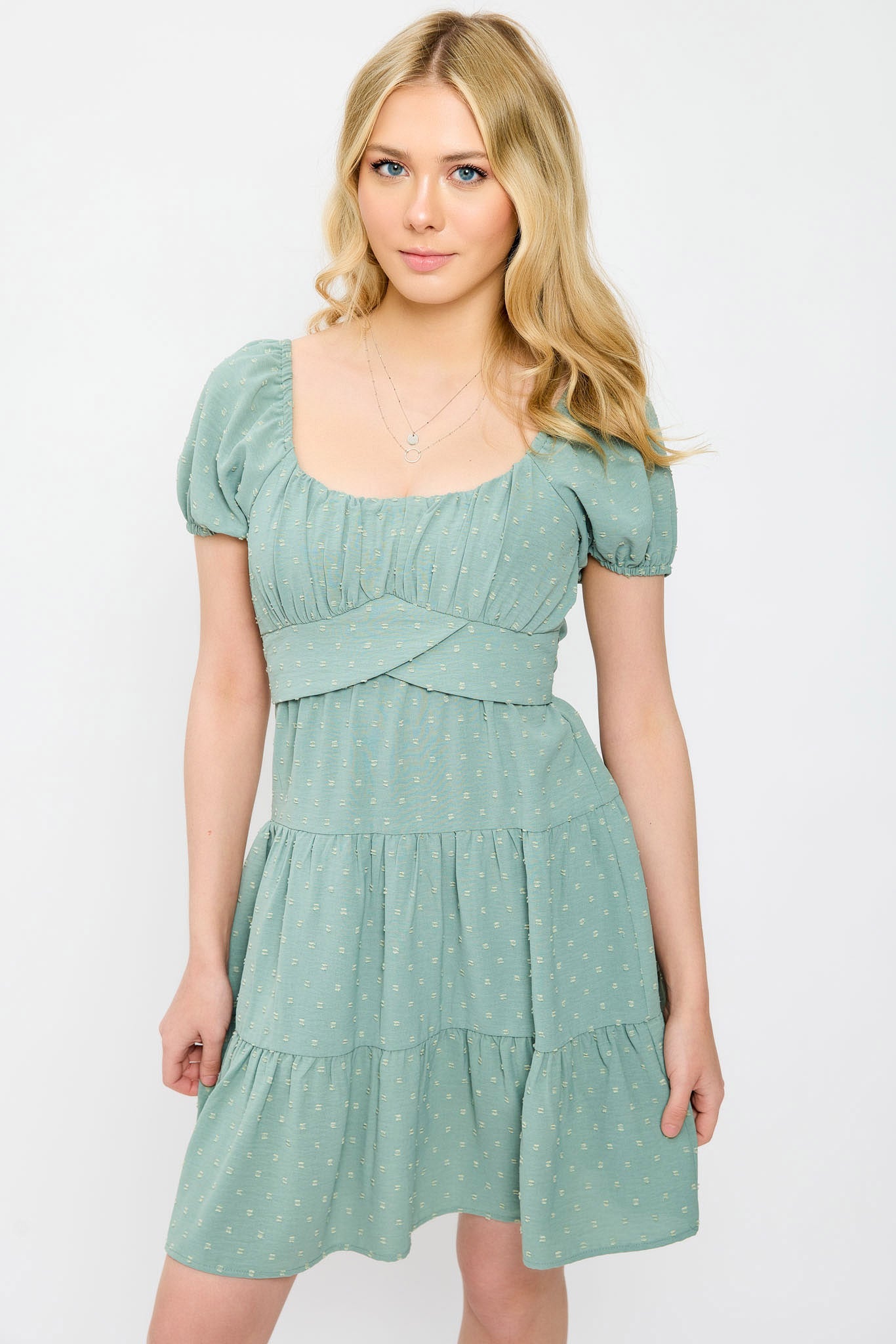 Swiss Dot Short-Sleeve Tiered Dress