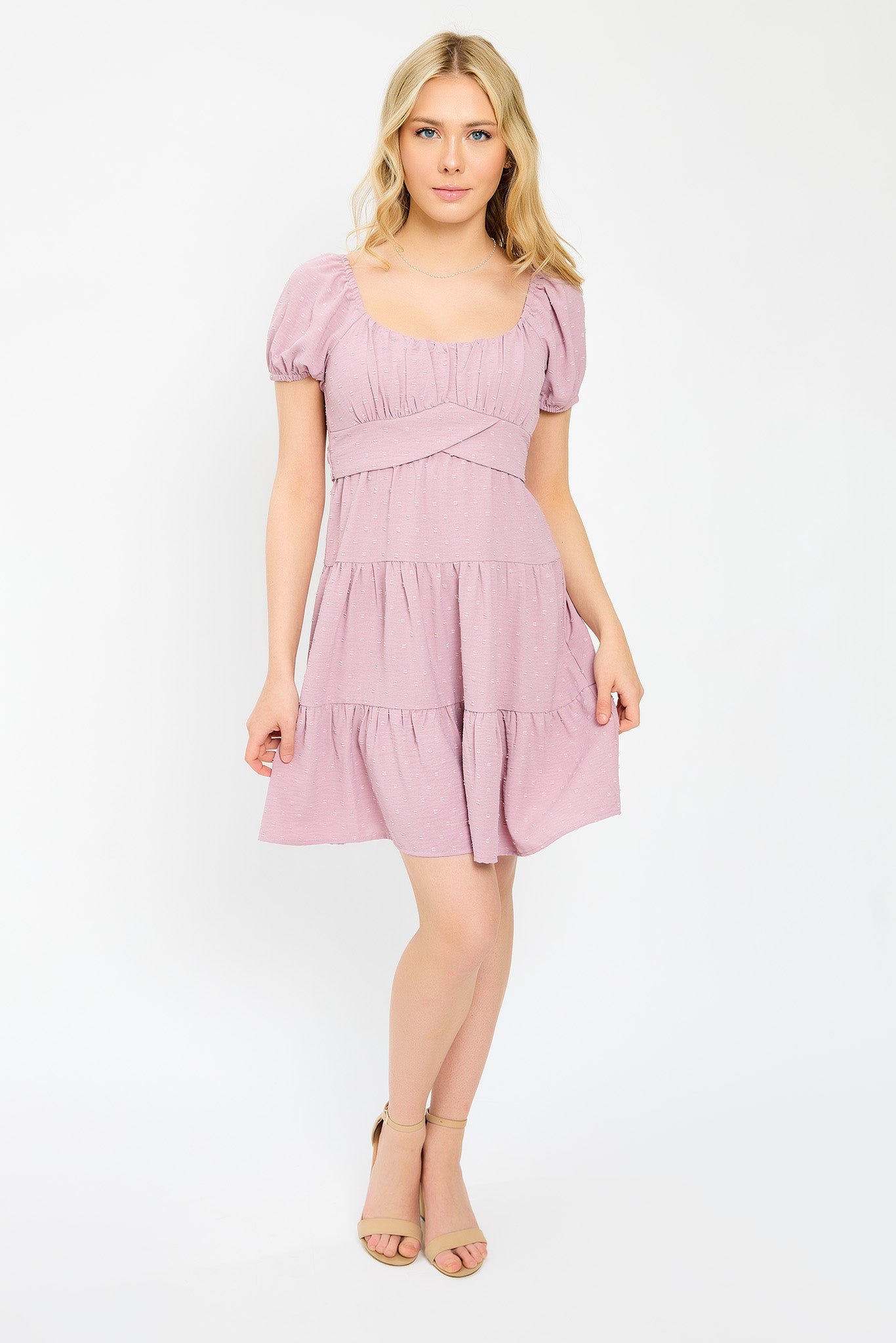 Swiss Dot Short-Sleeve Tiered Dress