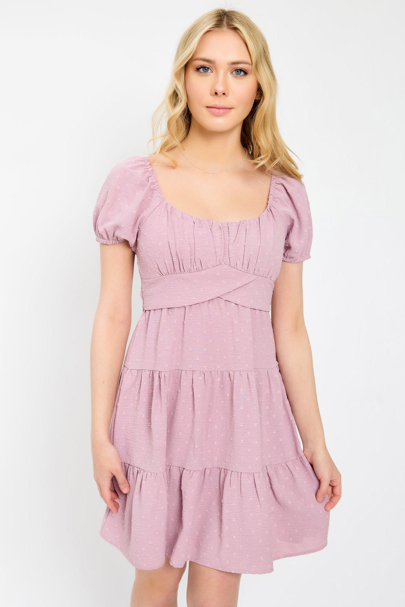 Swiss Dot Short-Sleeve Tiered Dress