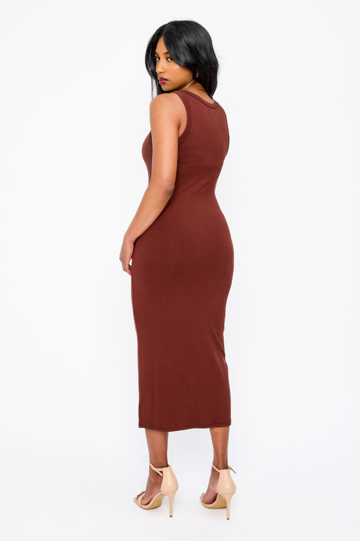 Ribbed Sleeveless Crew-Neck Midi Tank Dress