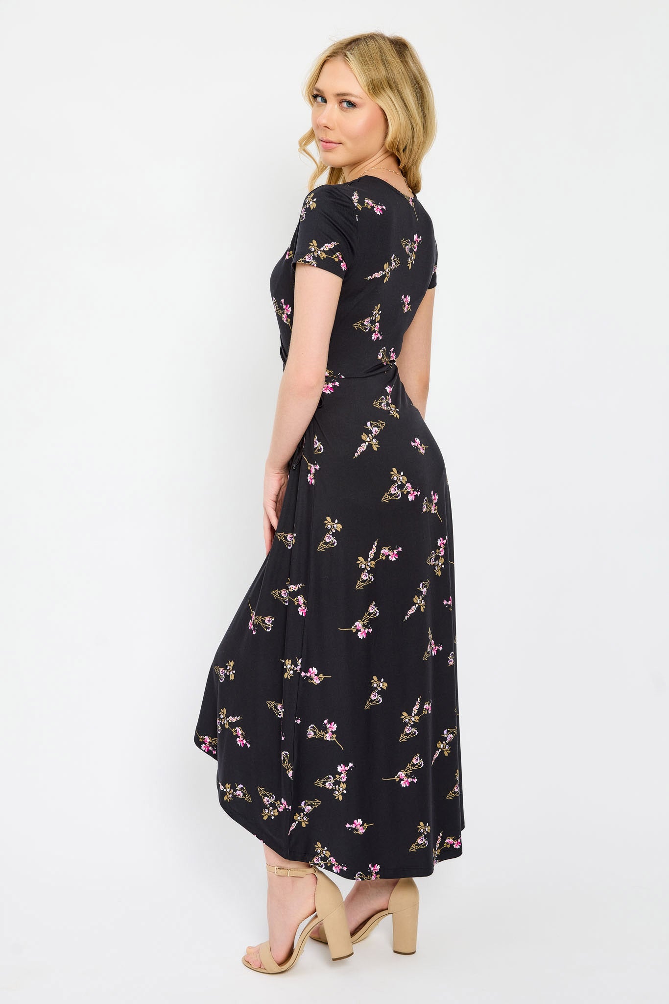 Floral Cap-Sleeve Crossover High-Low Dress