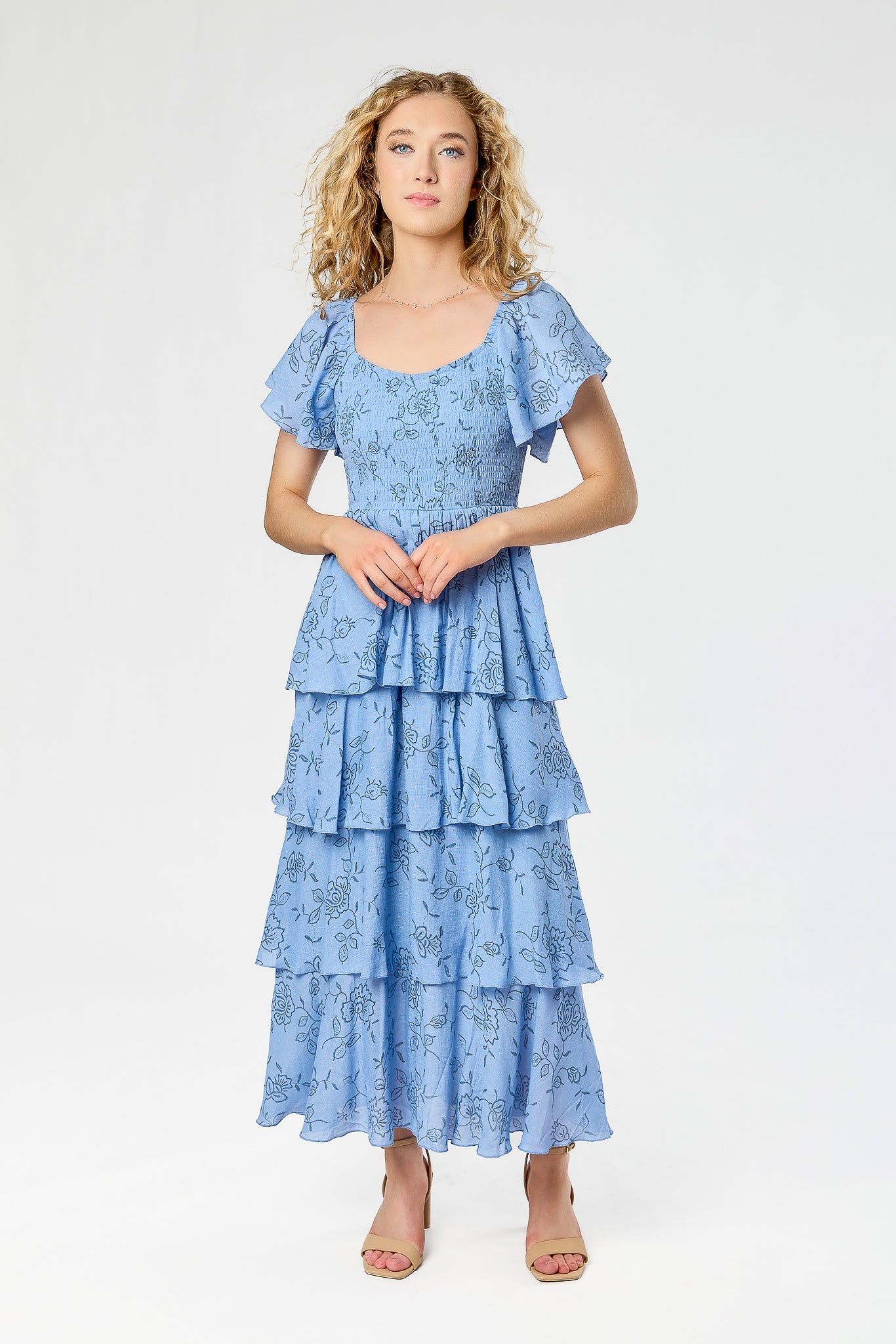 Floral Smocked Square-Neck Flutter-Sleeve Maxi Dress with Layered Tiered Skirt