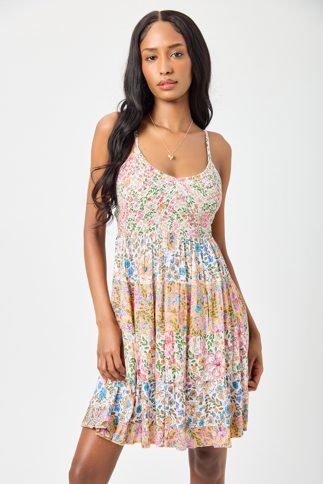 Twin Print Tiered Spaghetti‑Strap Mini Dress