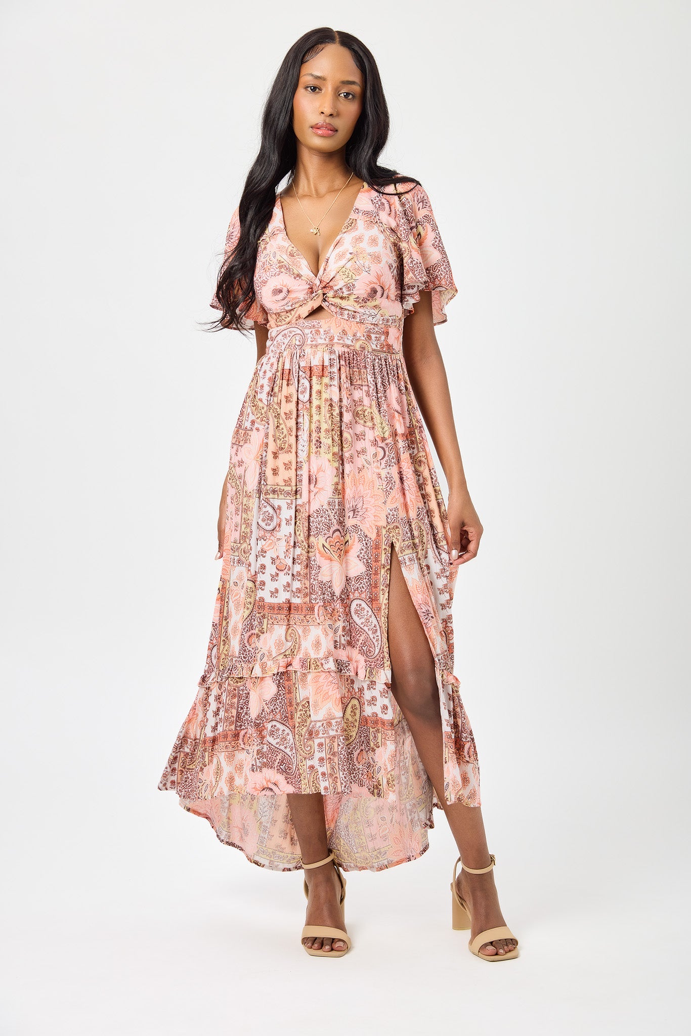 Patchwork High-Low Maxi Dress with Cut-Out Eclipse Patchwork High-Low Maxi Dress with Cut-Out Eclipse