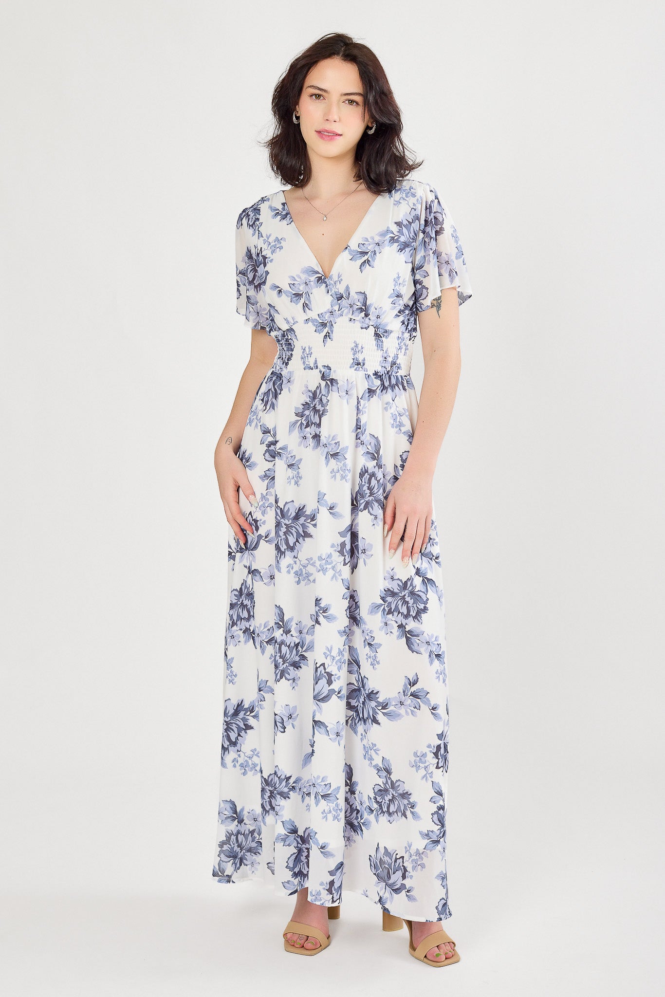 Floral Chiffon V-Neck Flutter Sleeve Maxi Dress with Smocked Waist