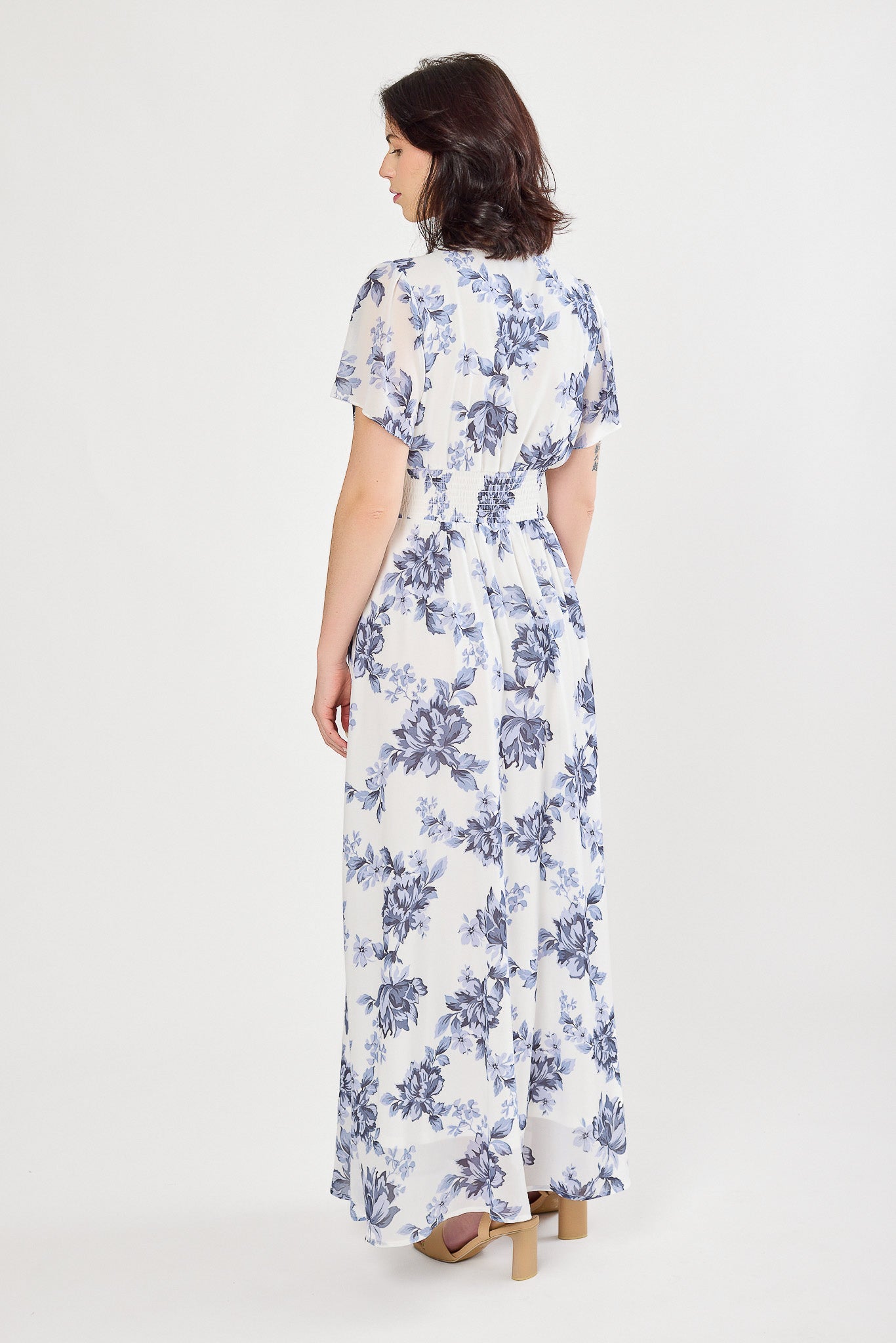 Floral Chiffon V-Neck Flutter Sleeve Maxi Dress with Smocked Waist